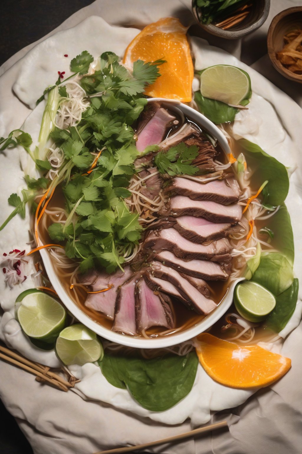 A high-resolution photo of duck pho with crispy duck slices, orange peel accents, and herbs under soft lighting.