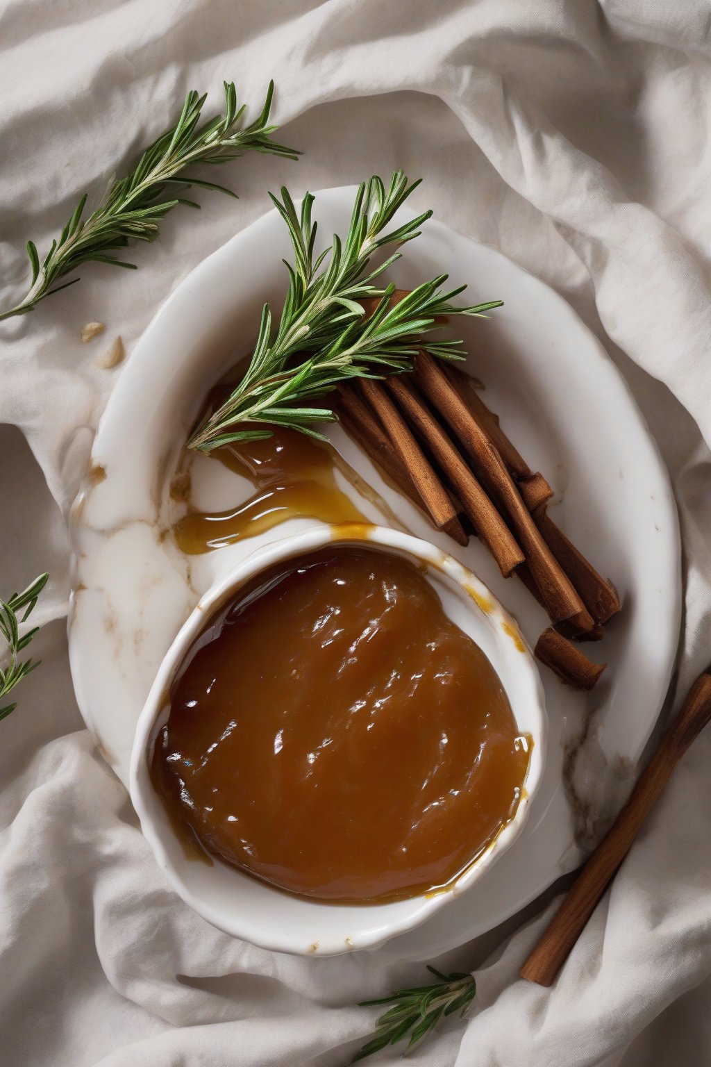 A high-resolution photo of rosemary honey apple butter with herb sprig garnish, in a white bowl, under soft lighting.