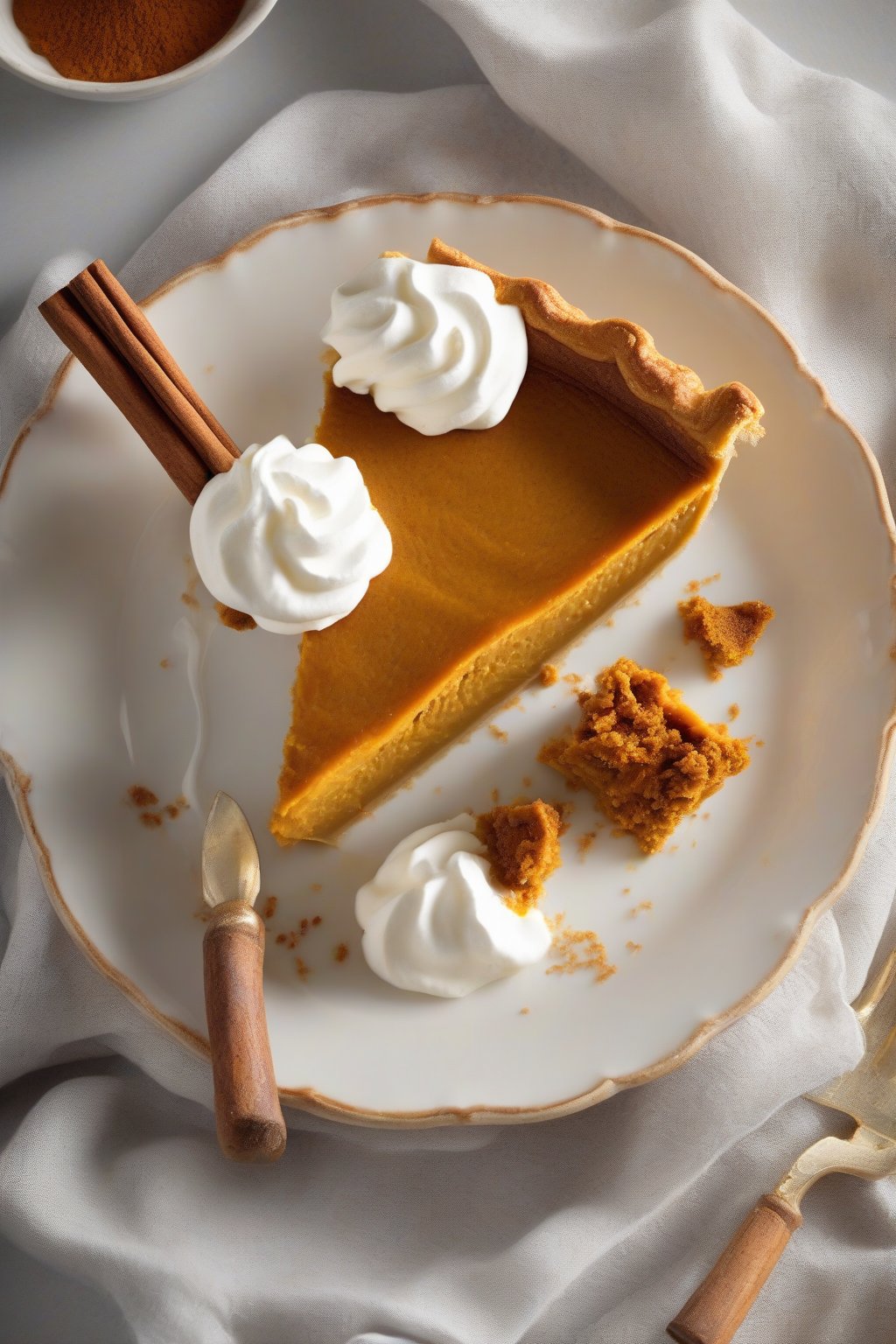 A high-resolution photo of a slice of classic cinnamon-spiced pumpkin pie with a golden crust and creamy orange filling, topped with whipped cream, under soft lighting.