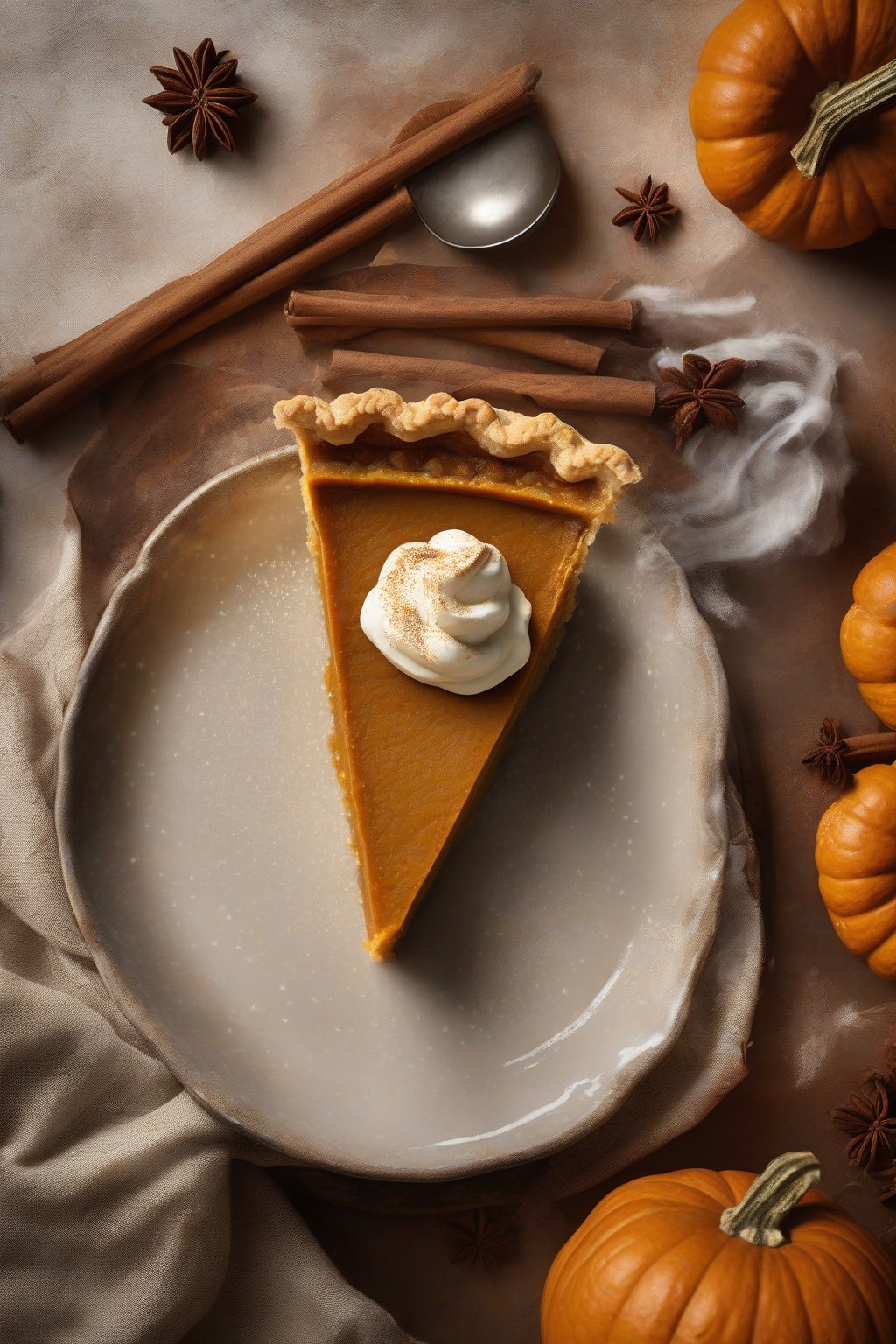 A high-resolution photo of chai-spiced pumpkin pie with intricate lattice crust and steam rising from a fresh slice, under soft lighting.