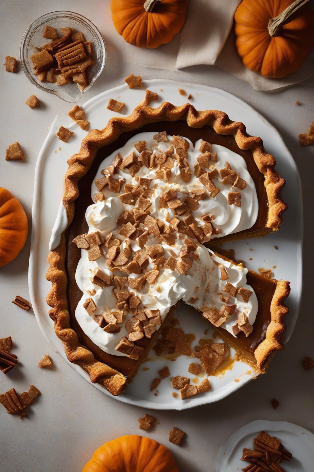 A high-resolution photo of gingerbread-spiced pumpkin pie topped with candied ginger pieces and a dollop of cream, under soft lighting.