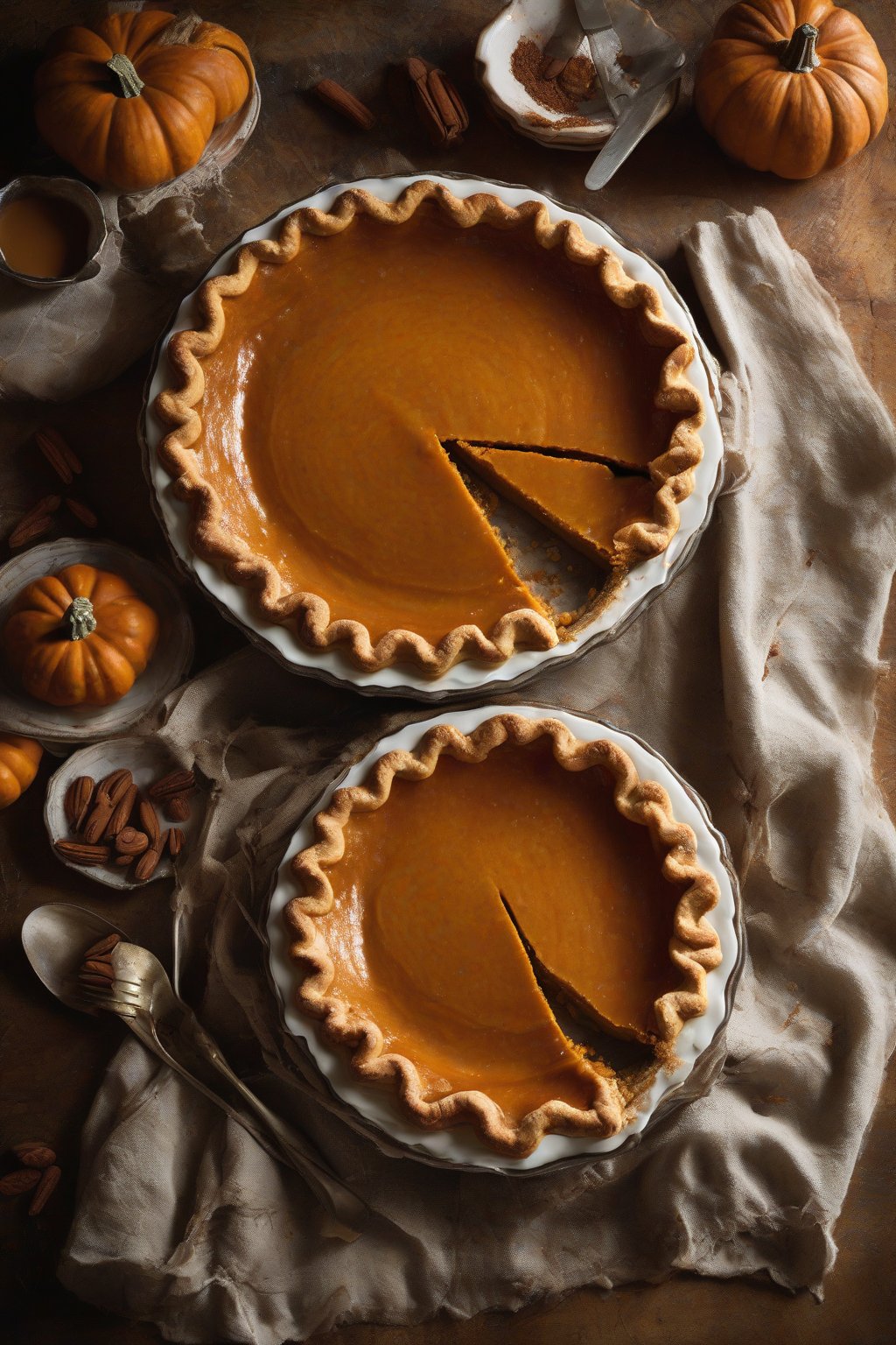 A high-resolution photo of cardamom-nutmeg pumpkin pie with a rustic crust and shiny glaze, under soft lighting.