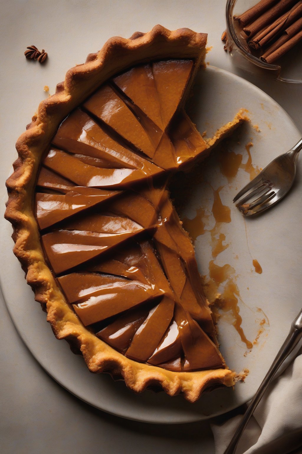 A high-resolution photo of maple bourbon-spiced pumpkin pie with caramelized edges and a bourbon drizzle, under soft lighting.