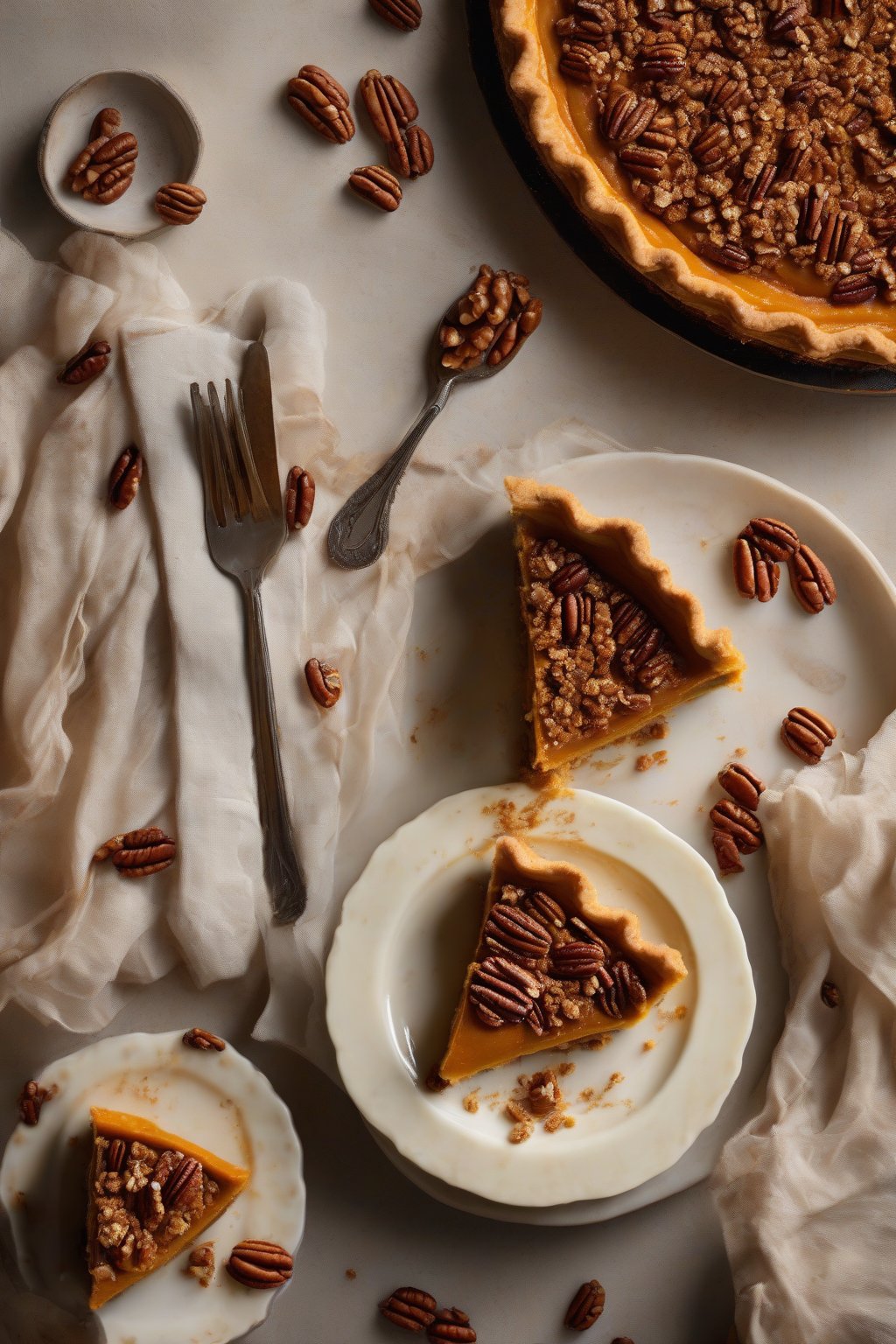 A high-resolution photo of pecan-clove spiced pumpkin pie with a crunchy pecan topping and creamy interior slice, under soft lighting.