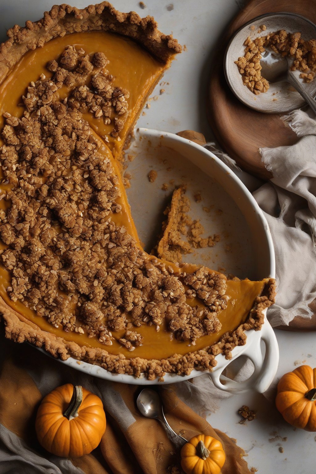A high-resolution photo of vegan turmeric-spiced pumpkin pie with a golden glow and oat crumble topping, under soft lighting.