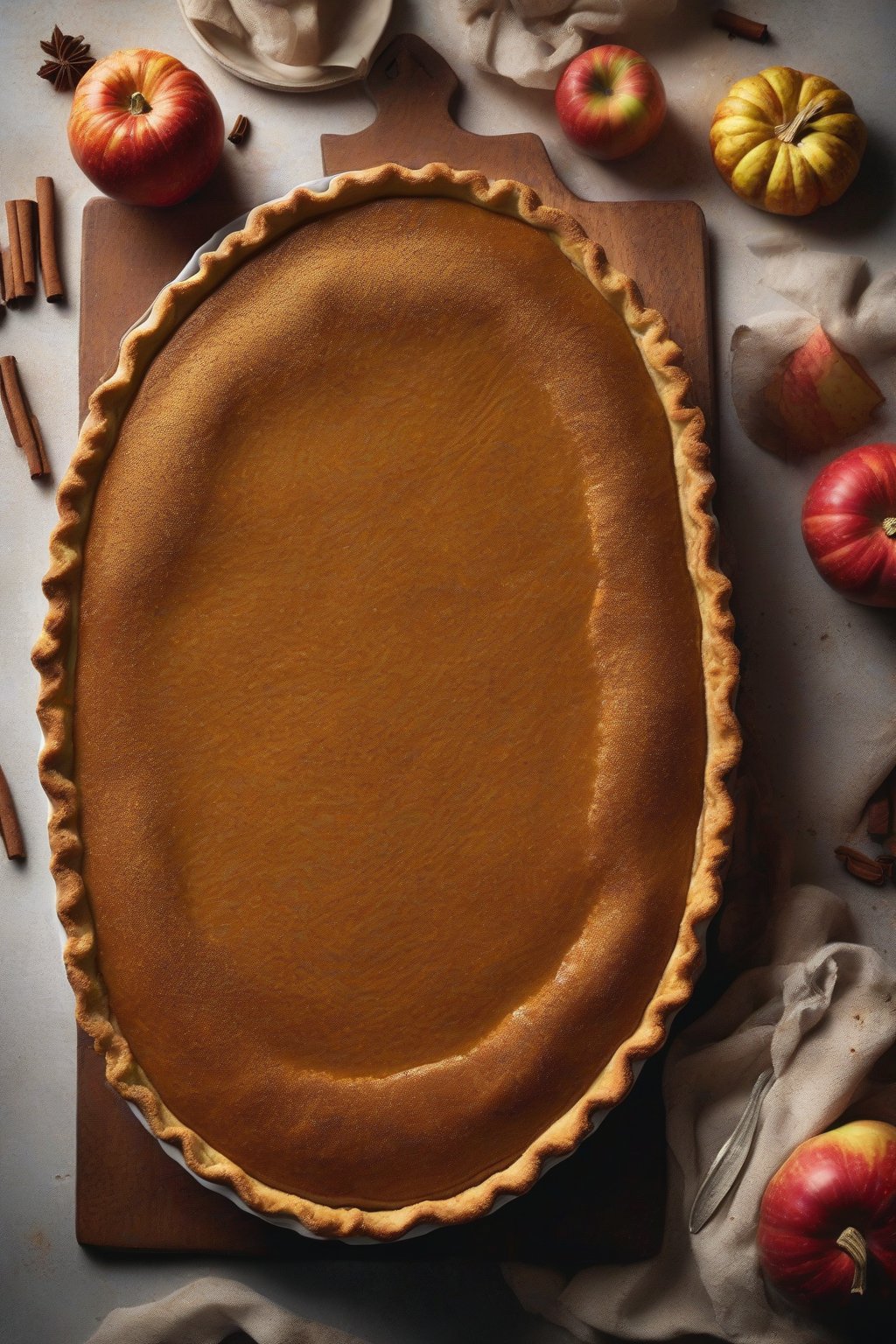 A high-resolution photo of apple cider-spiced pumpkin pie garnished with apple slices and cinnamon dust, under soft lighting.