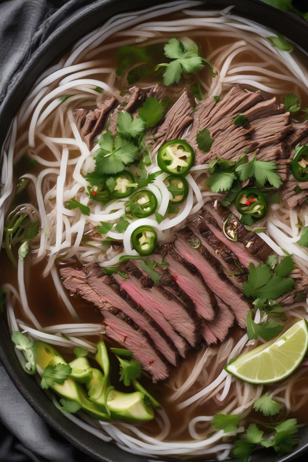 A high-resolution photo of beef brisket pho with tender shredded brisket, jalapeños, and fresh herbs under soft lighting.