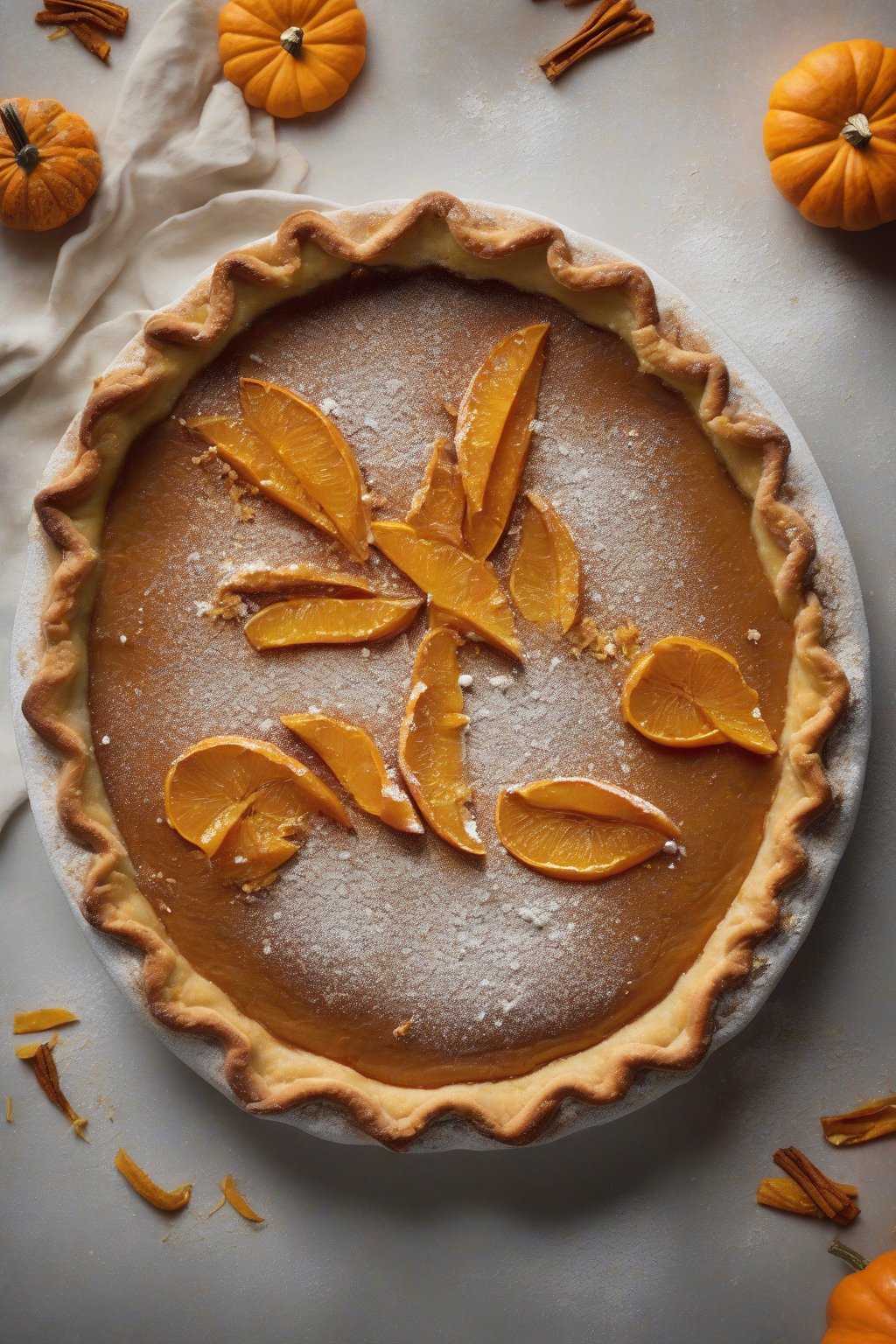 A high-resolution photo of orange zest-spiced pumpkin pie topped with candied orange peels and powdered sugar, under soft lighting.