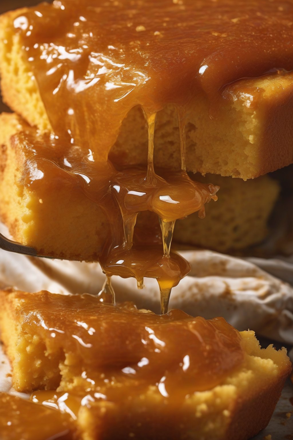 A close-up high-resolution photo of golden cornbread slathered in glossy spicy hot honey butter, dripping slightly, under soft lighting.