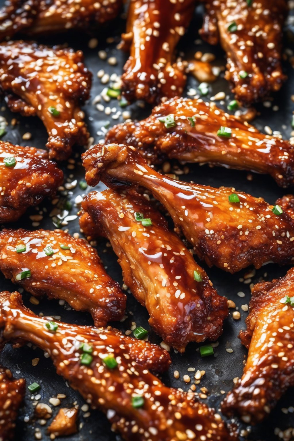 A close-up high-resolution photo of crispy chicken wings glistening with spicy hot honey glaze, sesame seeds scattered on top, under soft lighting.