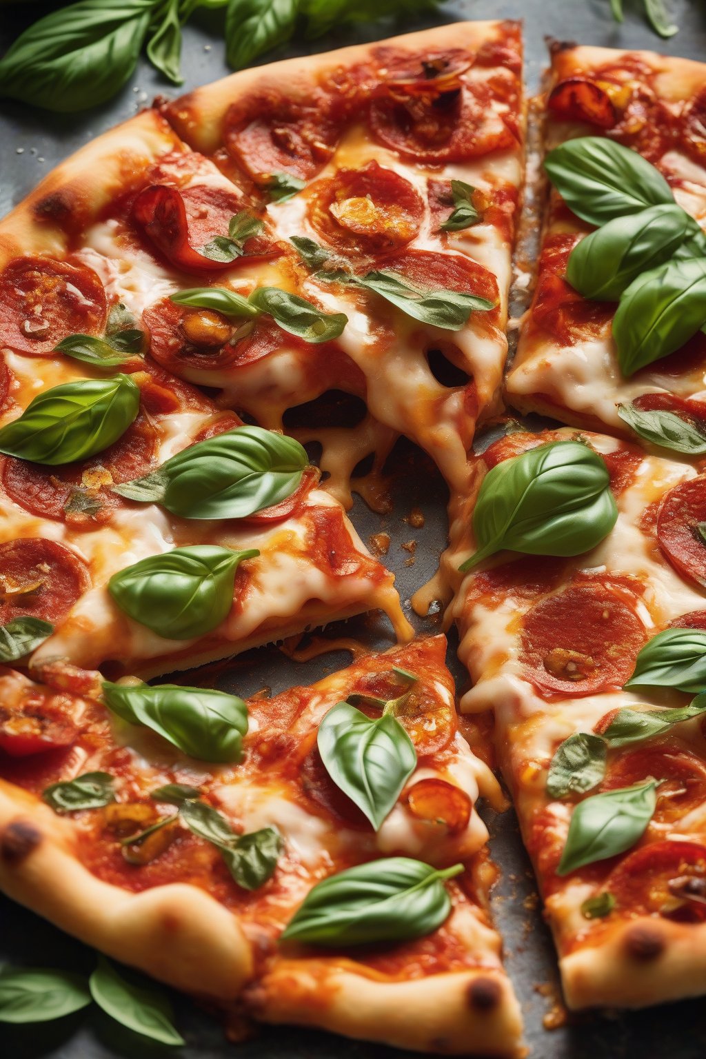 A close-up high-resolution photo of a sliced pizza with spicy hot honey drizzle pooling in the crust, fresh basil leaves, under soft lighting.