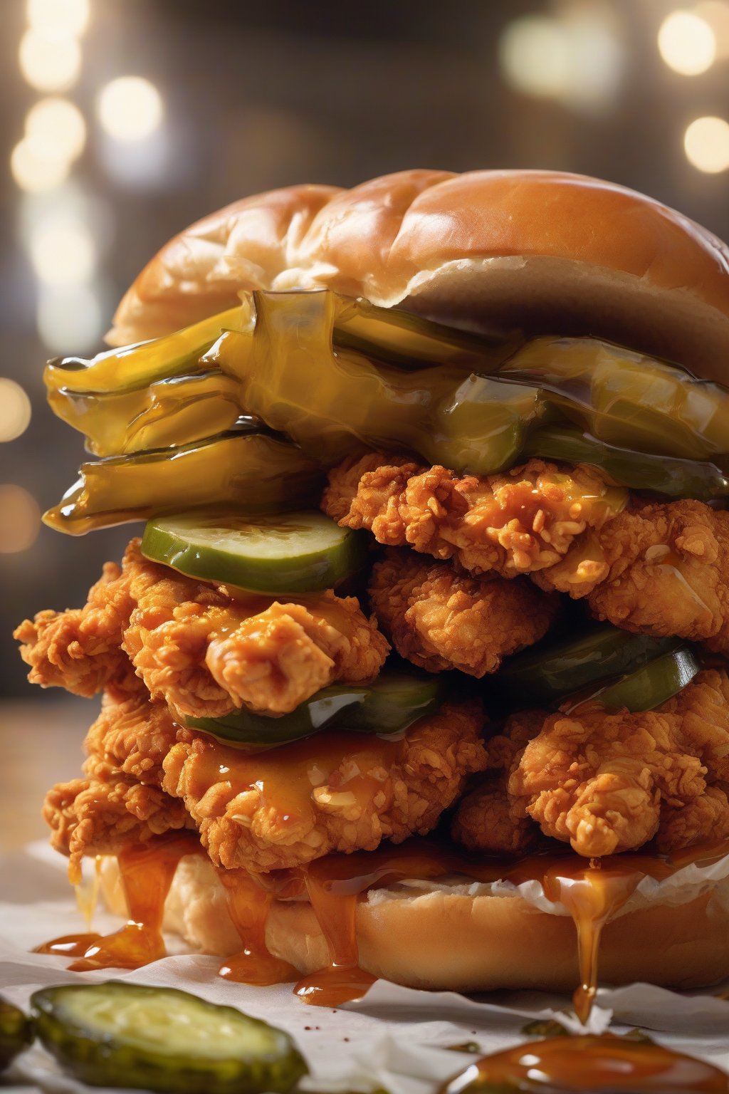 A close-up high-resolution photo of a fried chicken sandwich overflowing with spicy hot honey sauce, pickles peeking out, under soft lighting.