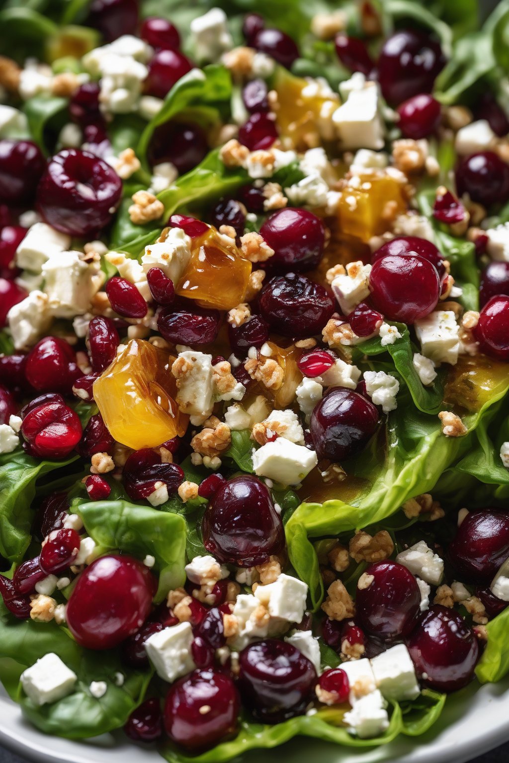 A close-up high-resolution photo of a vibrant salad tossed in shiny spicy hot honey vinaigrette, feta crumbles and cranberries, under soft lighting.