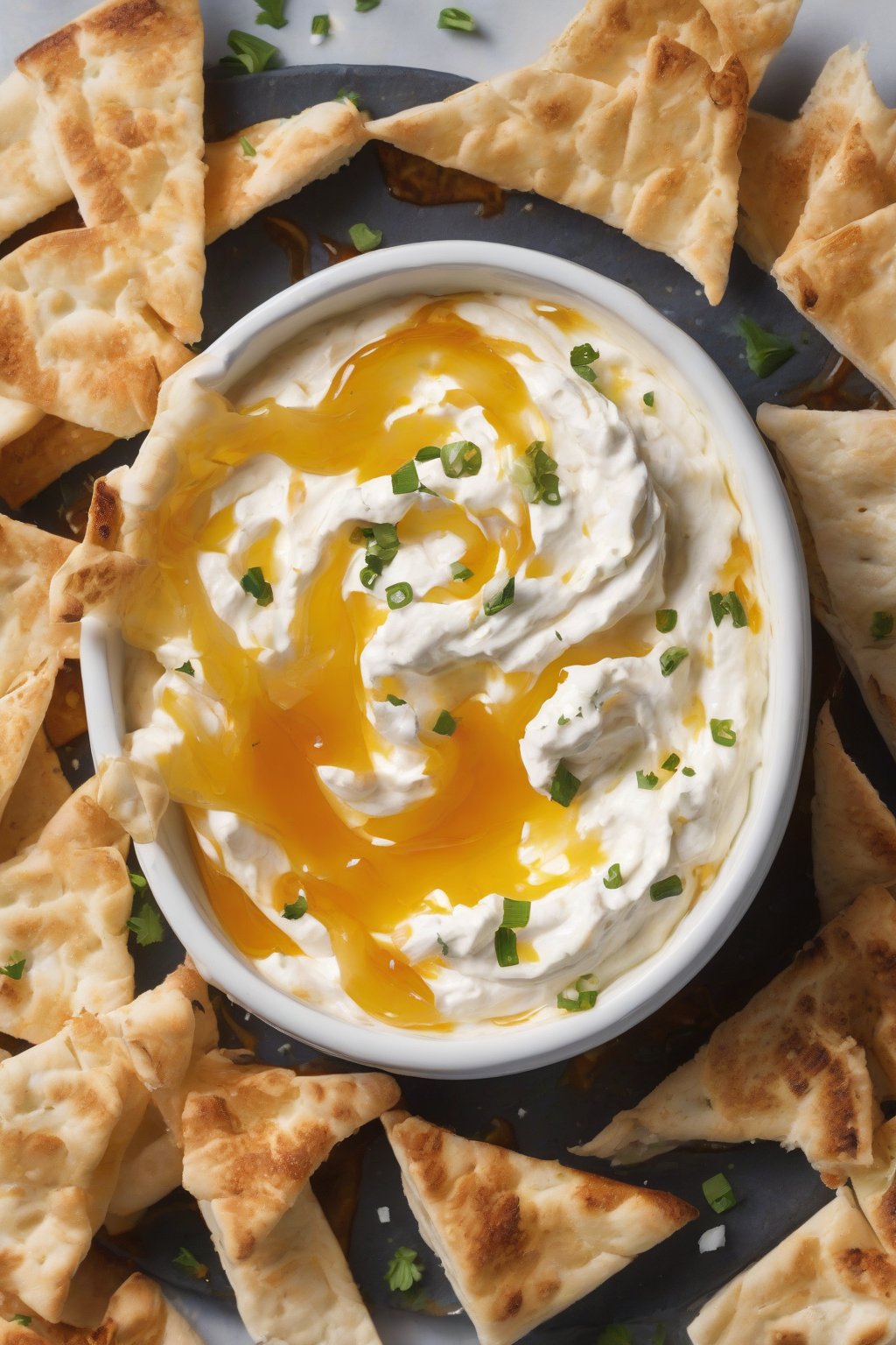 A close-up high-resolution photo of whipped feta dip swirled with spicy hot honey, surrounded by pita chips, under soft lighting.