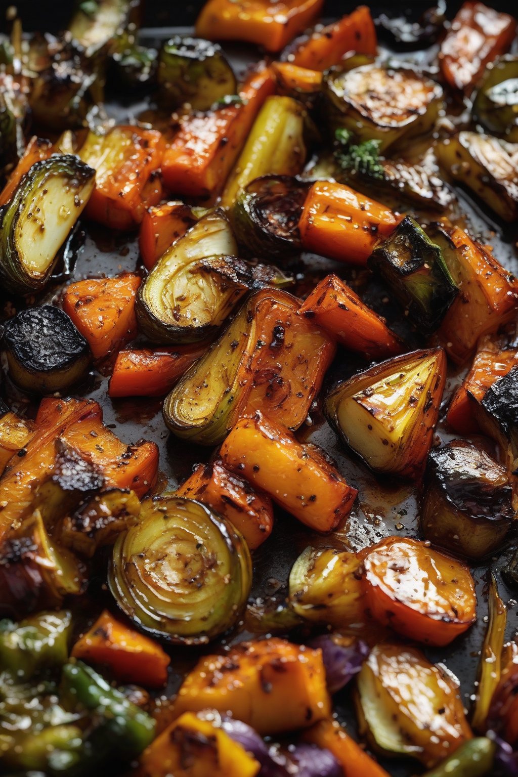 A close-up high-resolution photo of roasted vegetables caramelized with spicy hot honey glaze, charred edges visible, under soft lighting.
