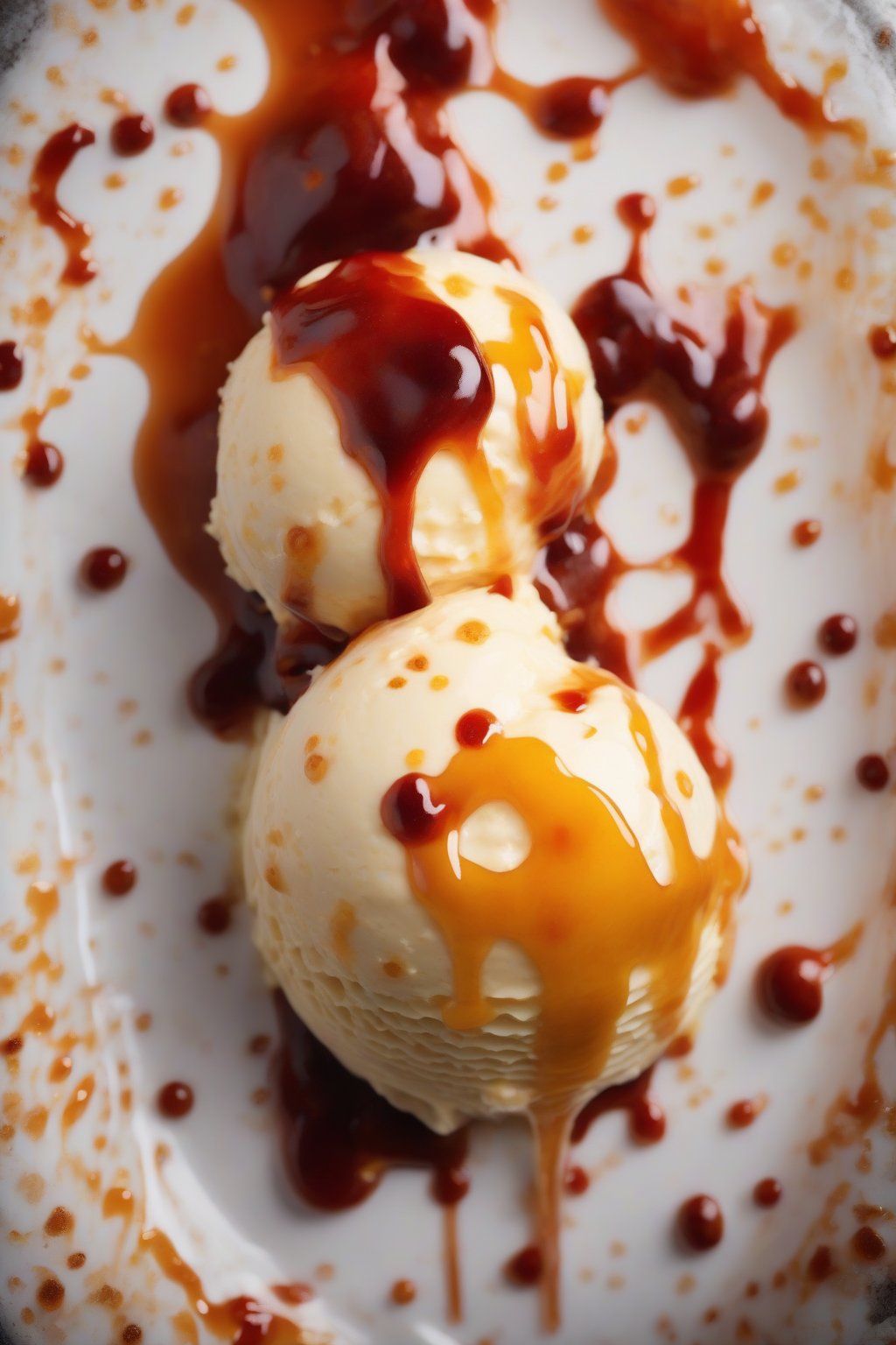 A close-up high-resolution photo of vanilla ice cream topped with dripping spicy hot honey sauce, chili flecks on top, under soft lighting.