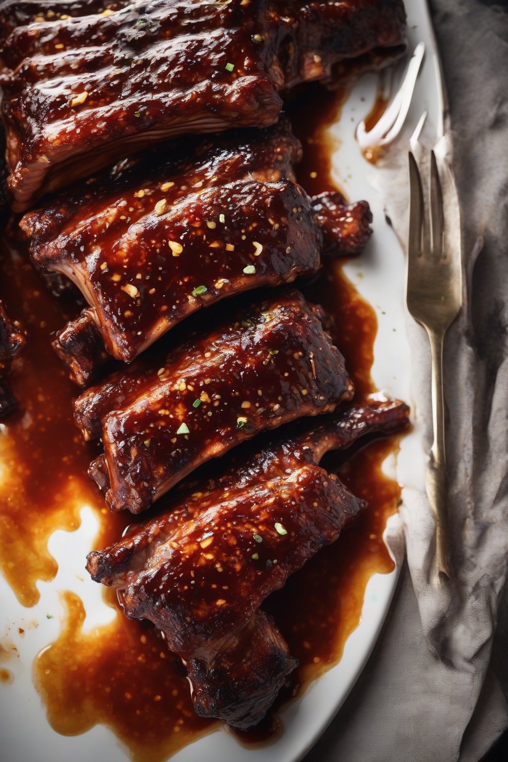 A close-up high-resolution photo of ribs slathered in thick spicy hot honey BBQ sauce, smoky steam rising, under soft lighting.
