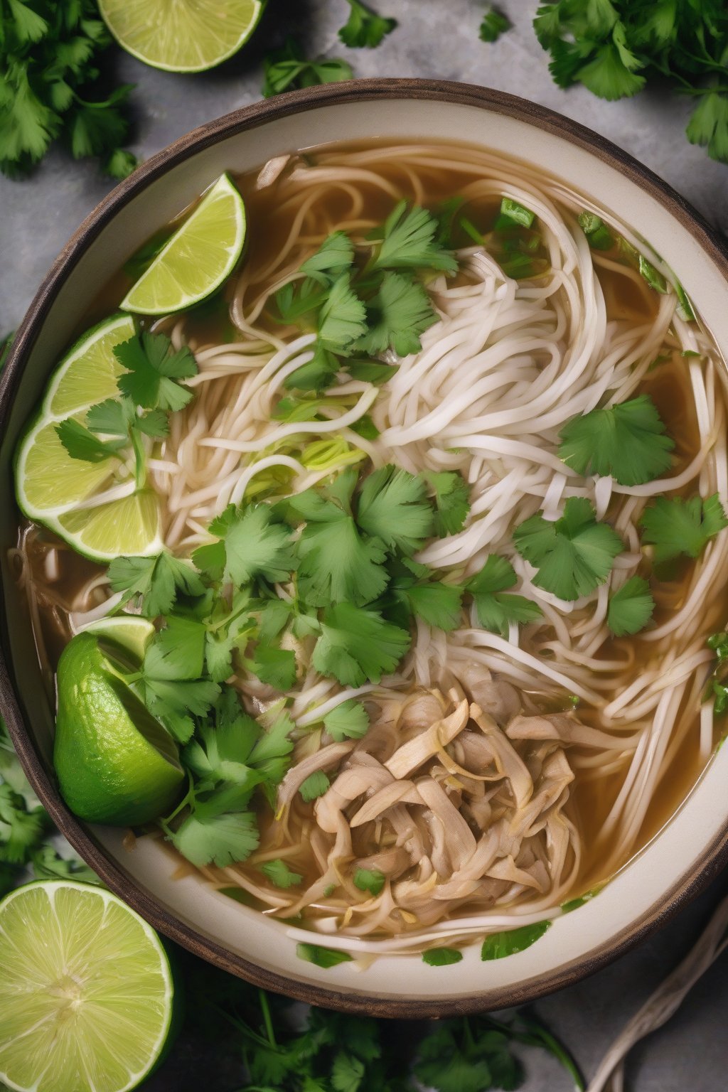 A high-resolution photo of vegan jackfruit pho with pulled jackfruit strands, lime, and cilantro under soft lighting.