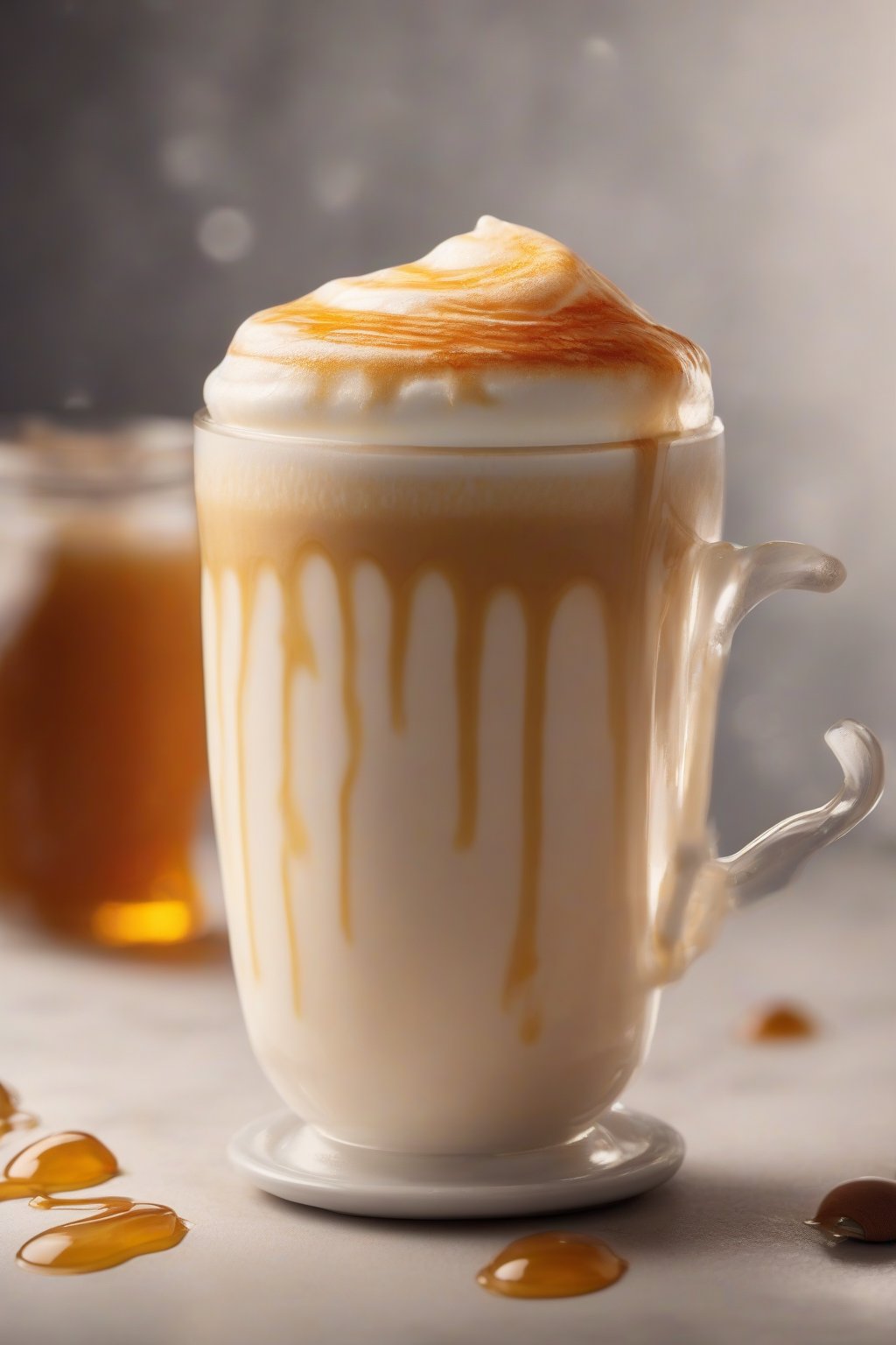 A close-up high-resolution photo of a frothy hot honey latte in a mug, honey drizzle on foam, under soft lighting.
