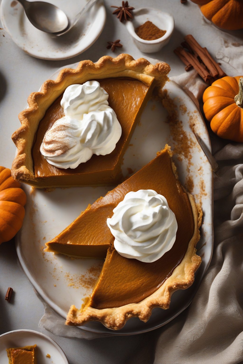 A high-resolution photo of a golden-brown classic spiced pumpkin pie slice with whipped cream, under soft lighting.