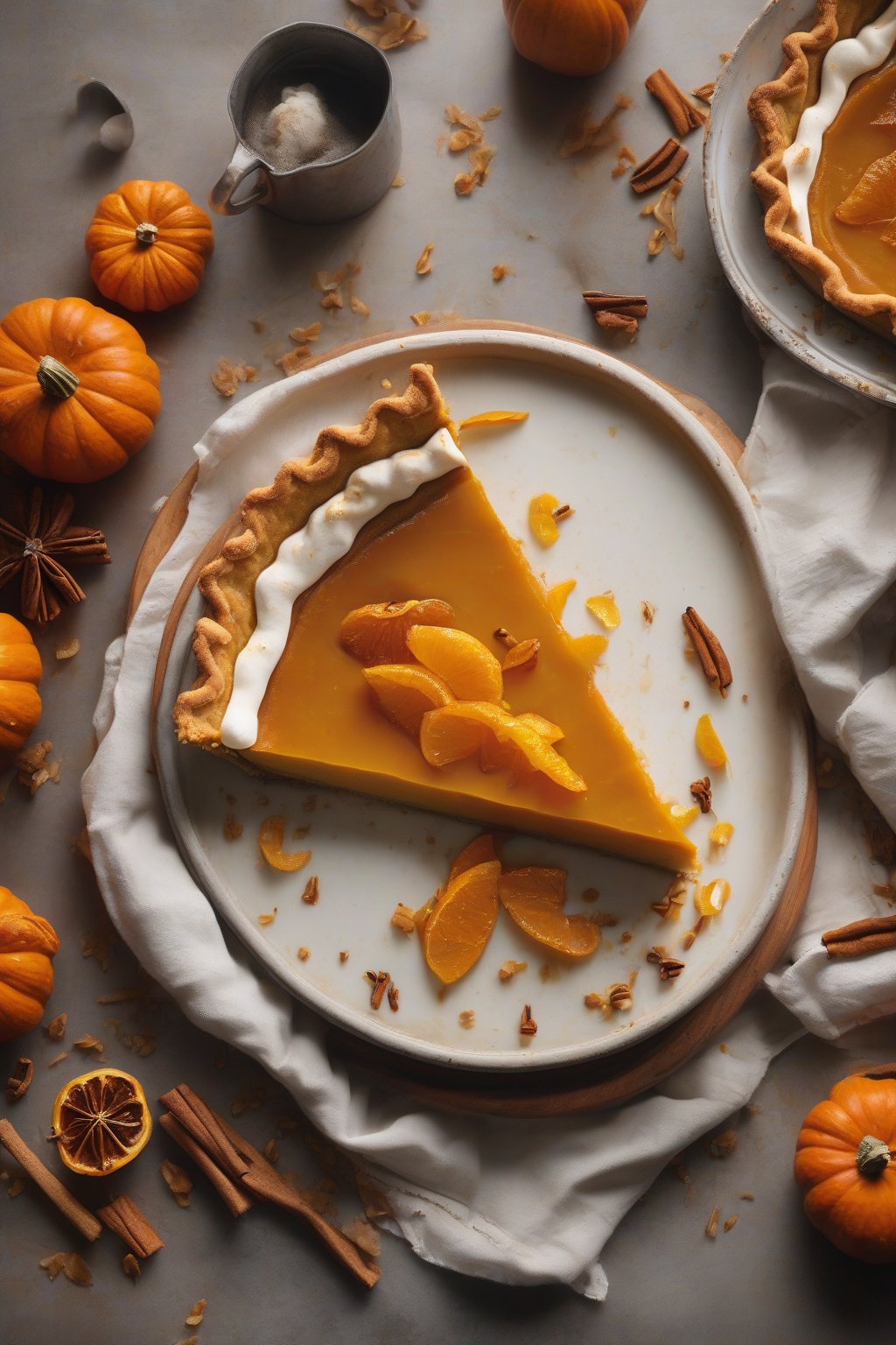 A high-resolution photo of a chai-spiced pumpkin pie topped with candied orange peel, steam rising gently, under soft lighting.