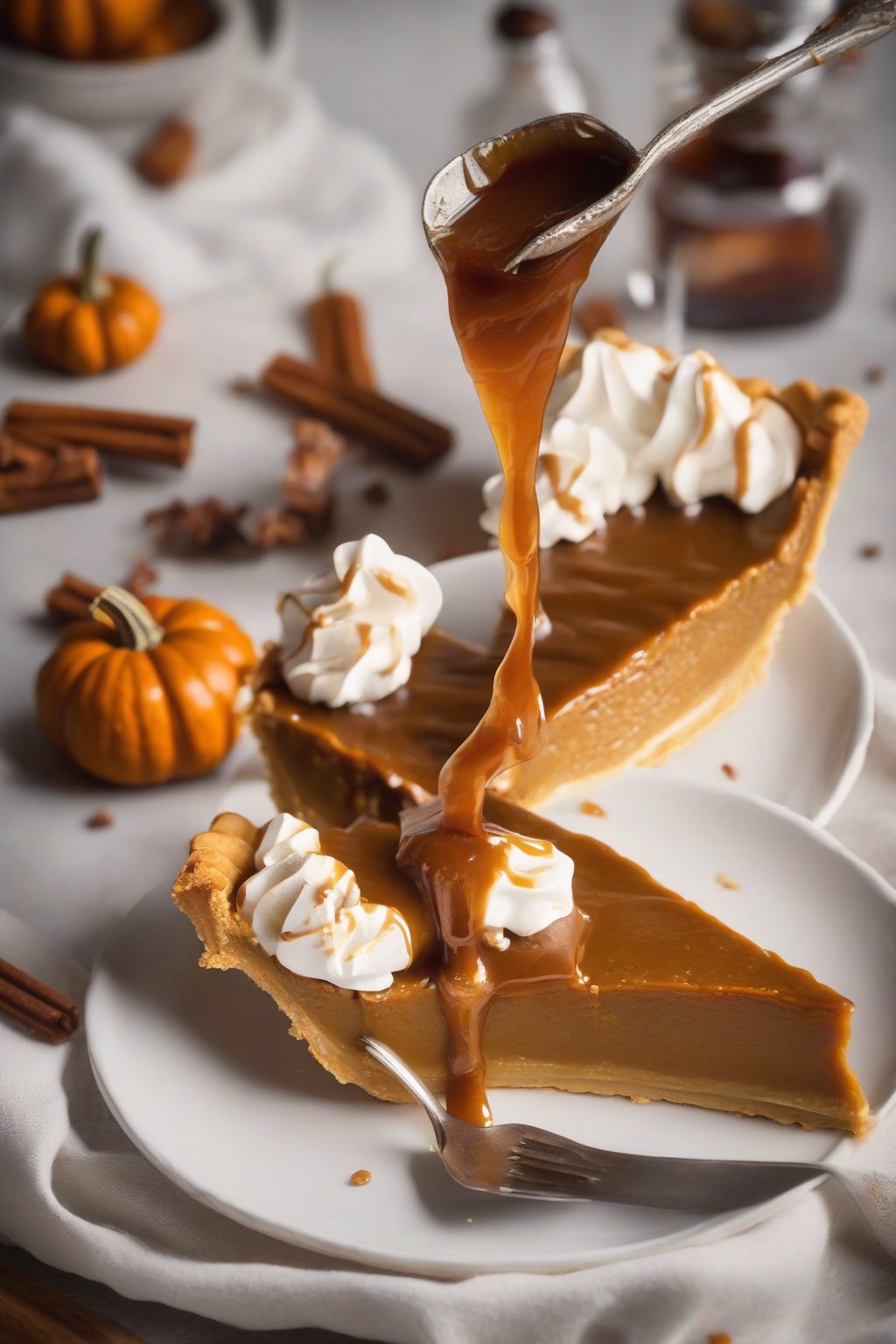 A high-resolution photo of a bourbon-spiced pumpkin pie slice drizzled with caramel sauce, under soft lighting.