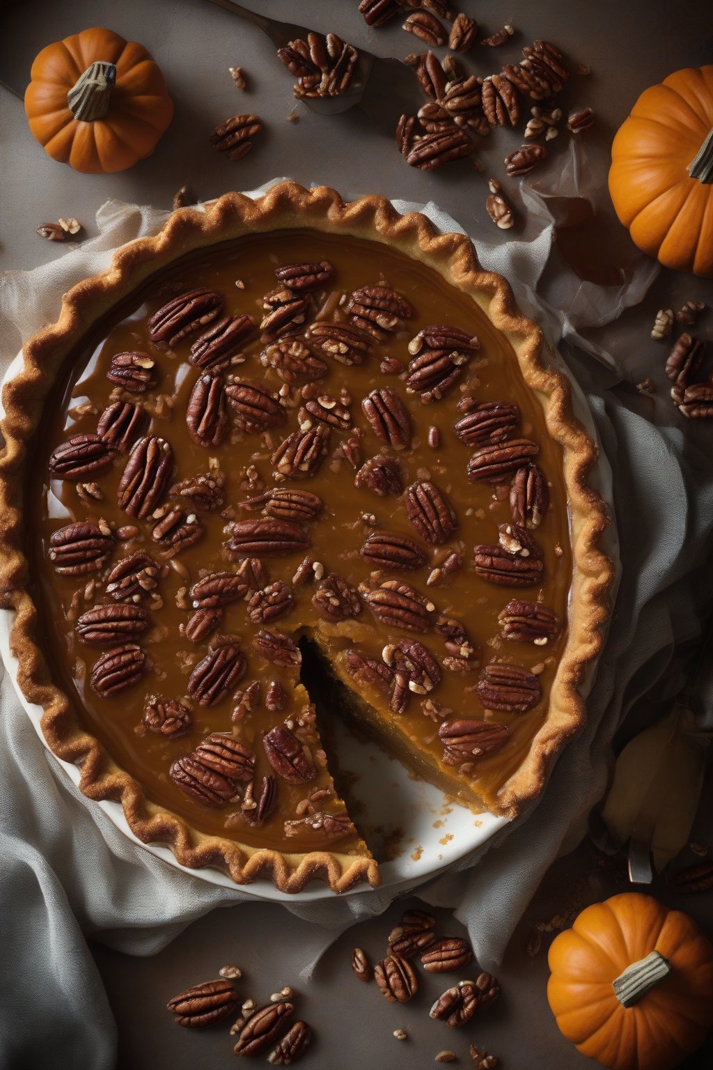 A high-resolution photo of a maple pecan spiced pumpkin pie with glossy nut topping, under soft lighting.
