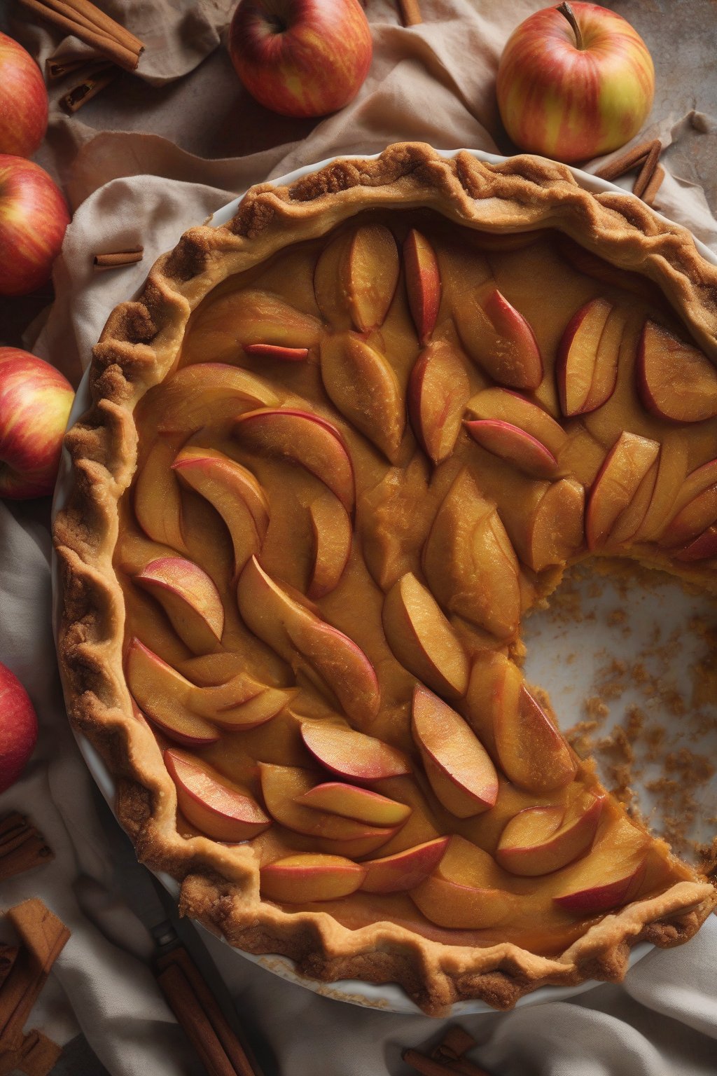 A high-resolution photo of an apple cinnamon spiced pumpkin pie with apple slices peeking through the filling, under soft lighting.