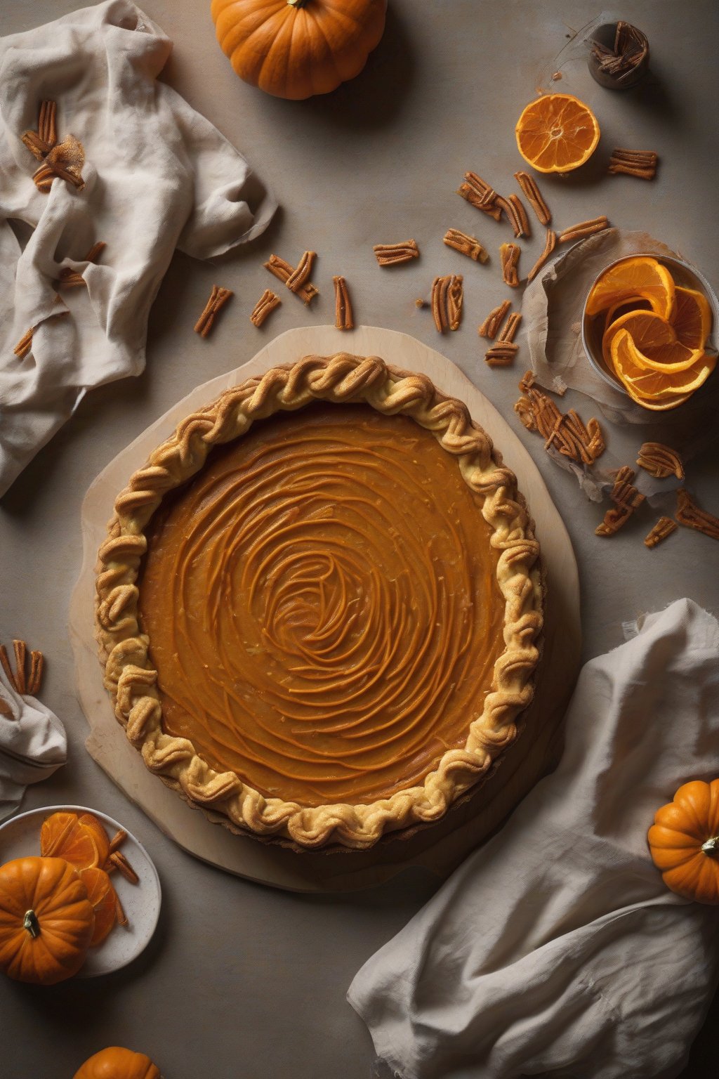 A high-resolution photo of a cardamom orange spiced pumpkin pie garnished with orange twists, under soft lighting.