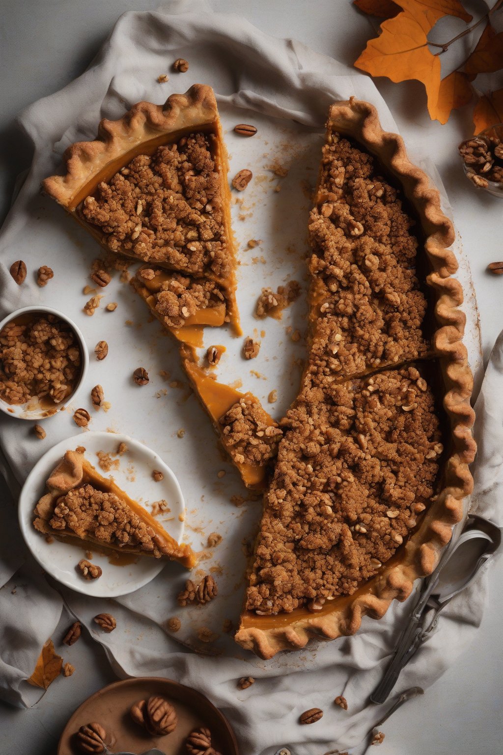 A high-resolution photo of a nutmeg walnut spiced pumpkin pie with walnut crumble on top, under soft lighting.