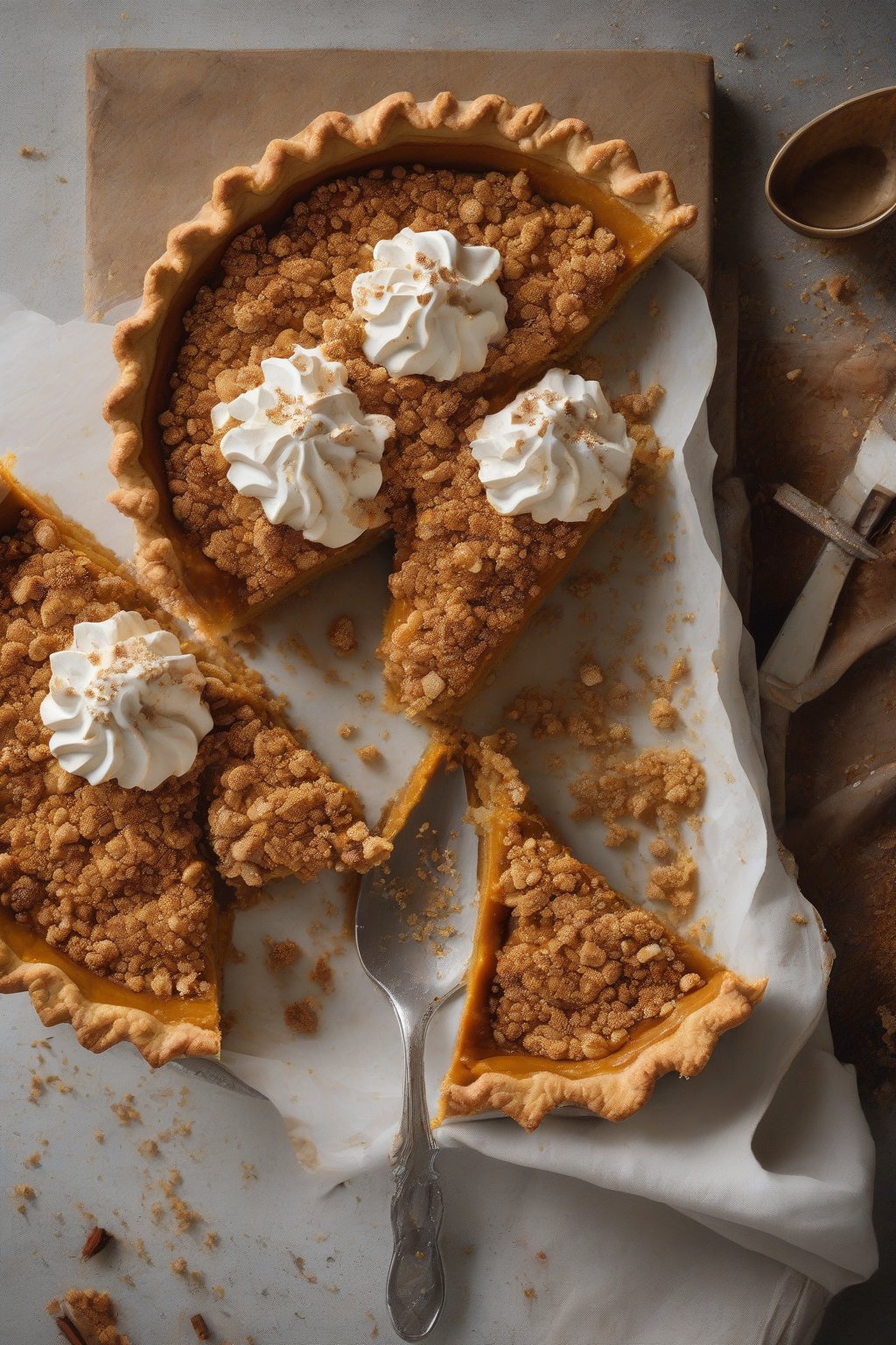 A high-resolution photo of a streusel-topped spiced pumpkin pie with golden crumbs, under soft lighting.