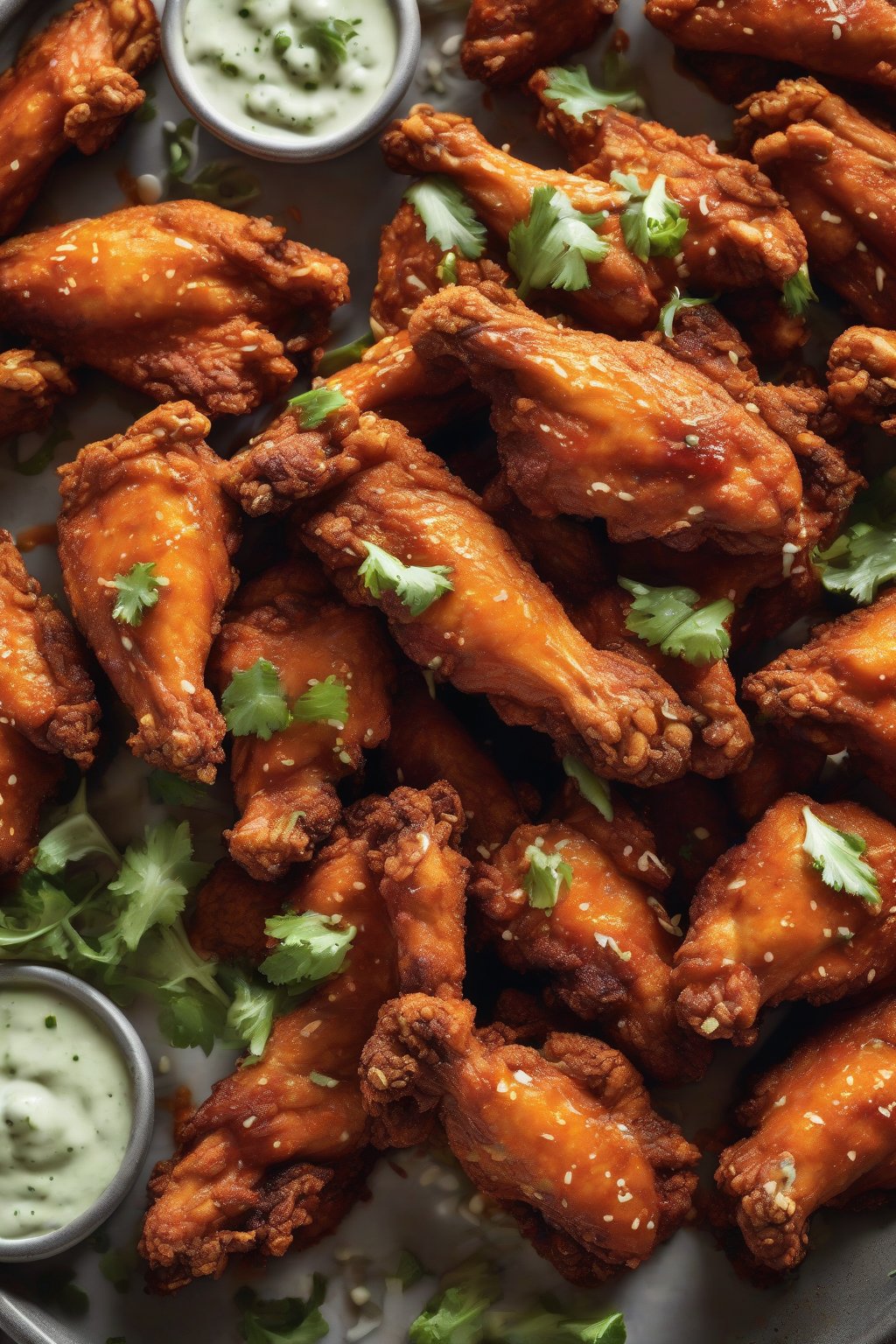 A high-resolution photo of crispy Buffalo wings dusted with green ranch flecks, drizzled with sauce under soft lighting.