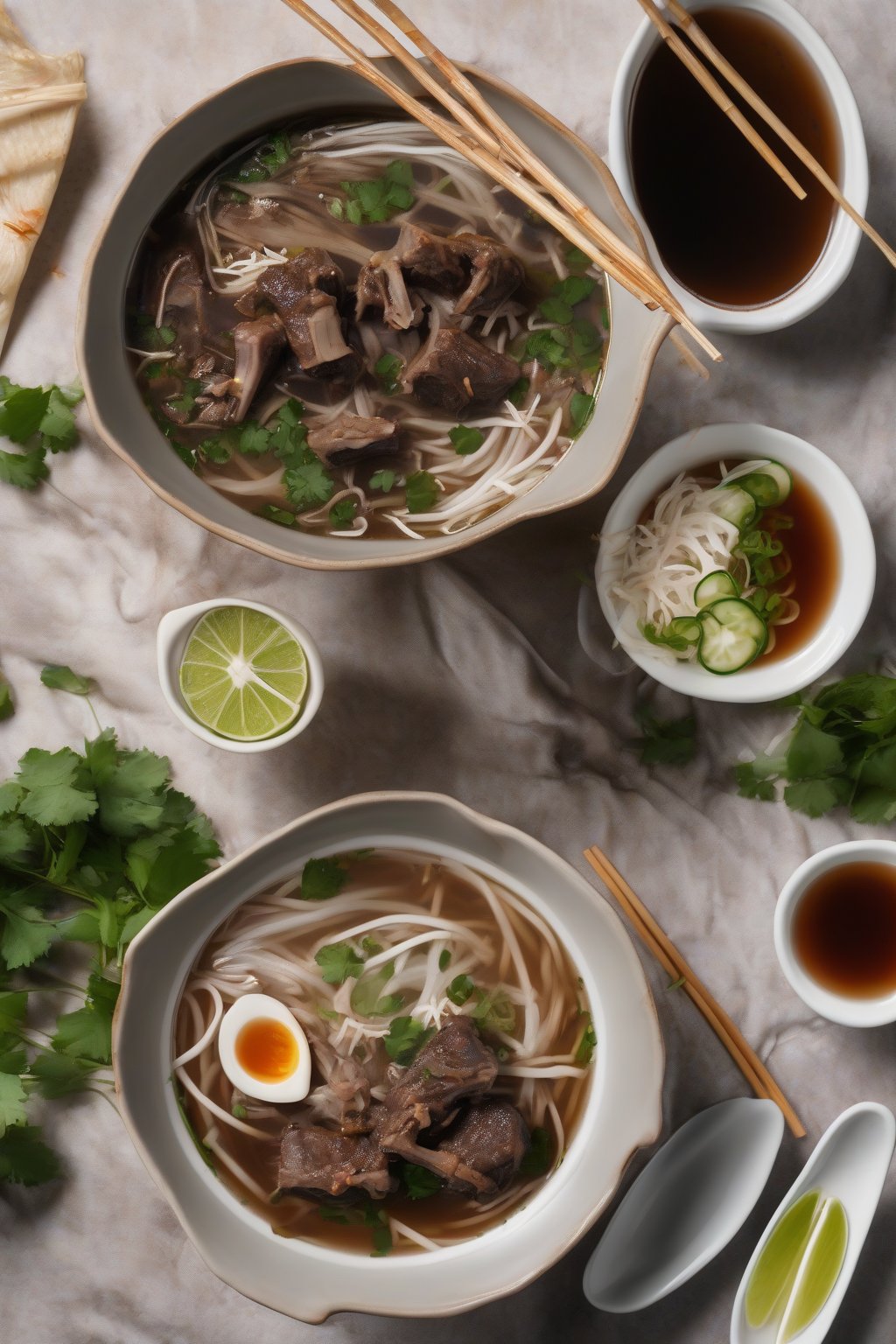A high-resolution photo of oxtail pho with stewed oxtail pieces, marrow bone, and bean sprouts under soft lighting.