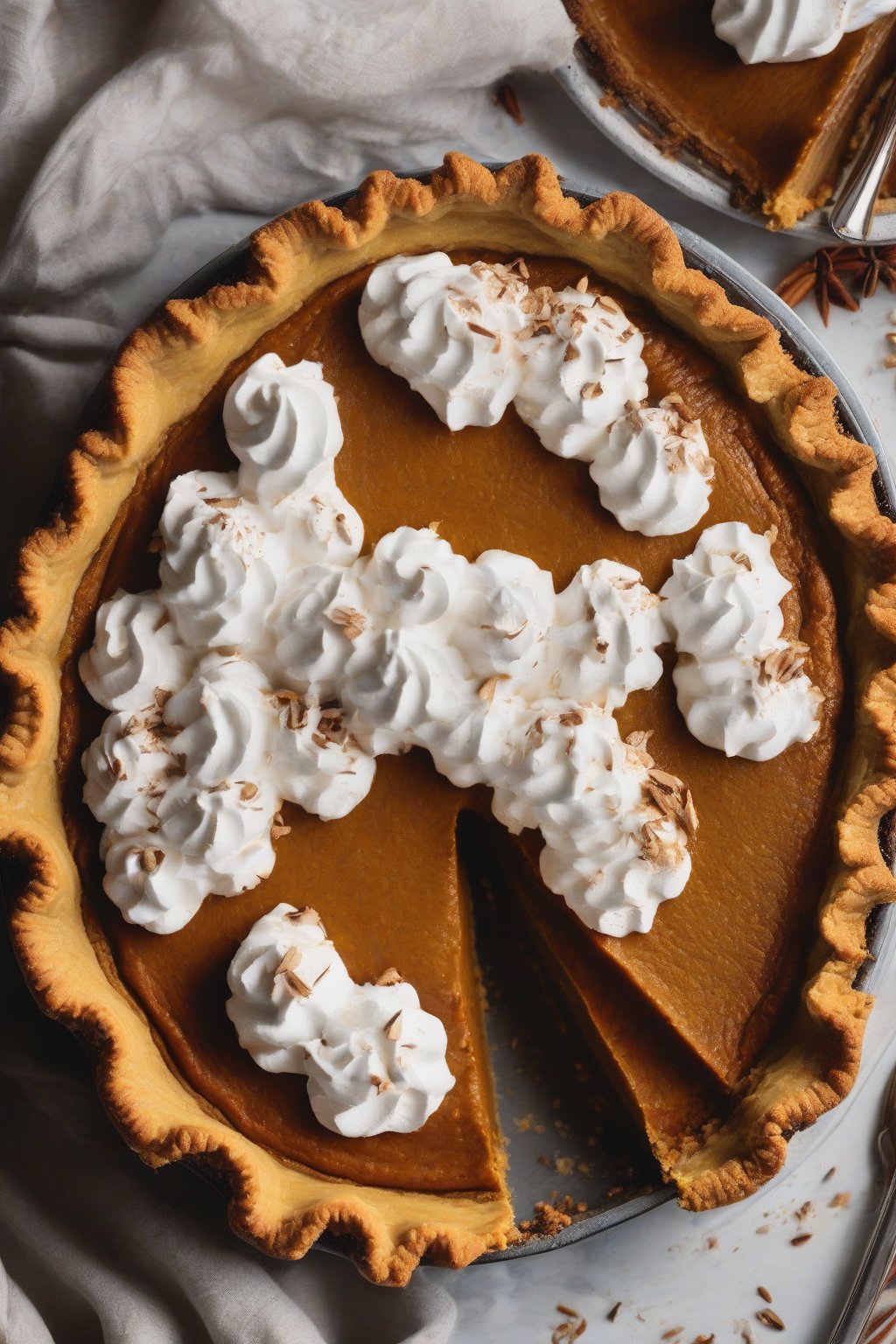 A high-resolution photo of a vegan spiced pumpkin pie with coconut whipped cream dollop, under soft lighting.