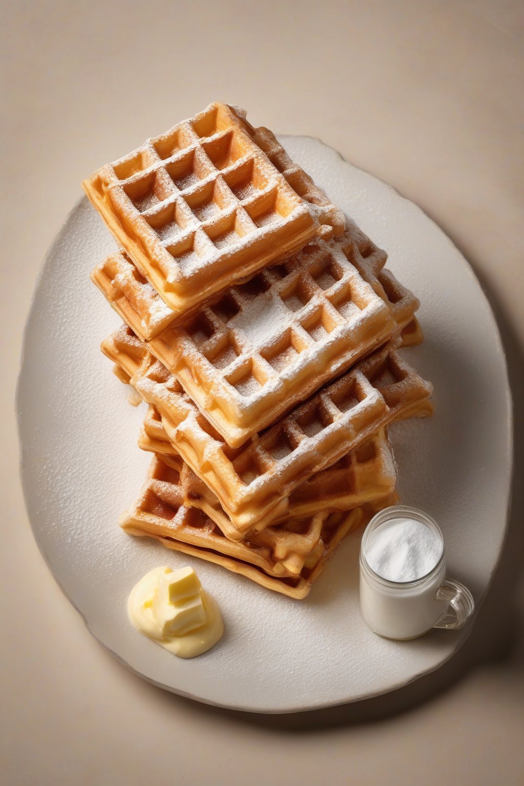 A high-resolution photo of golden square Belgian waffles stacked high with powdered sugar and butter under soft lighting.