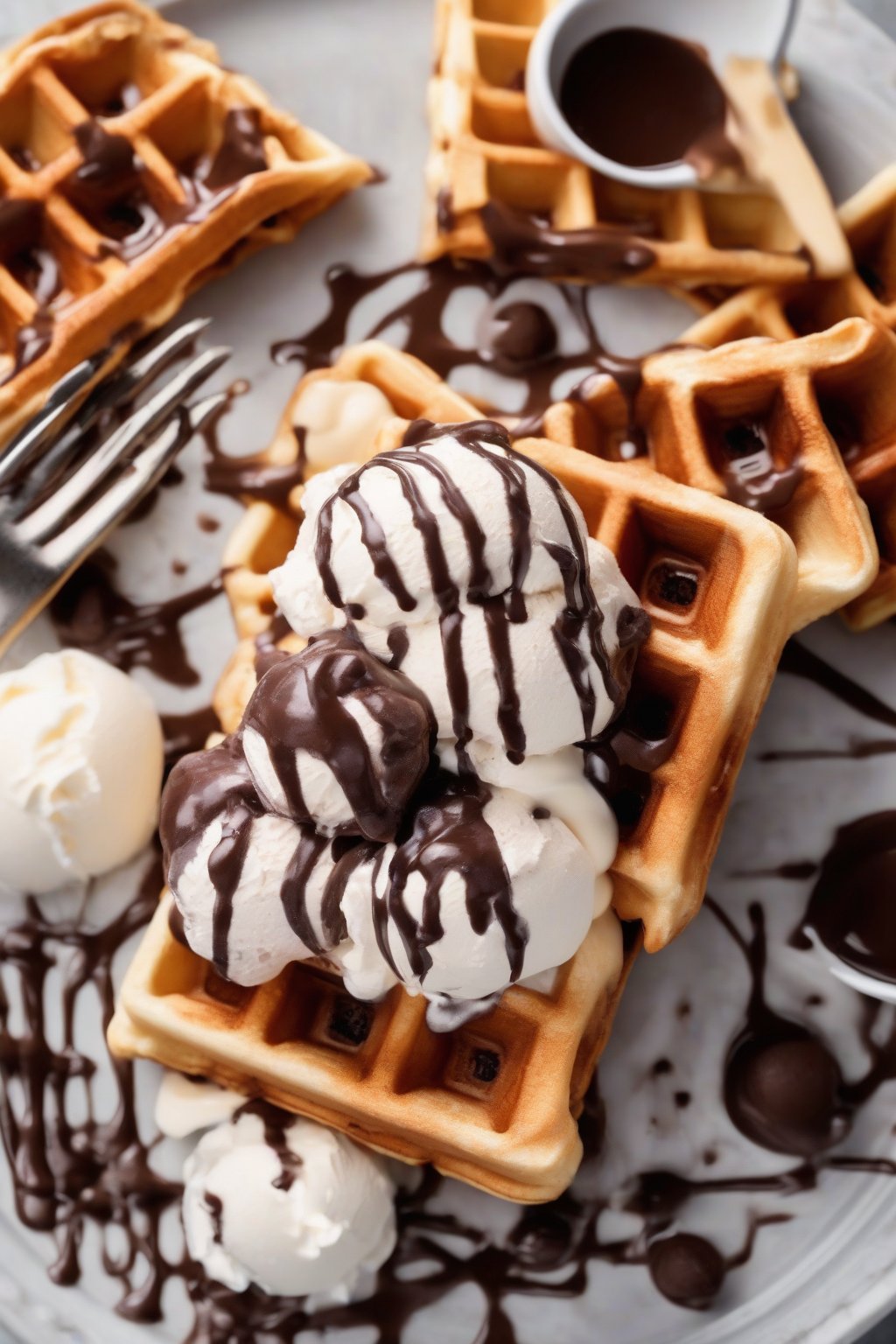 A high-resolution photo of square Belgian waffles oozing chocolate chips, topped with ice cream under soft lighting.