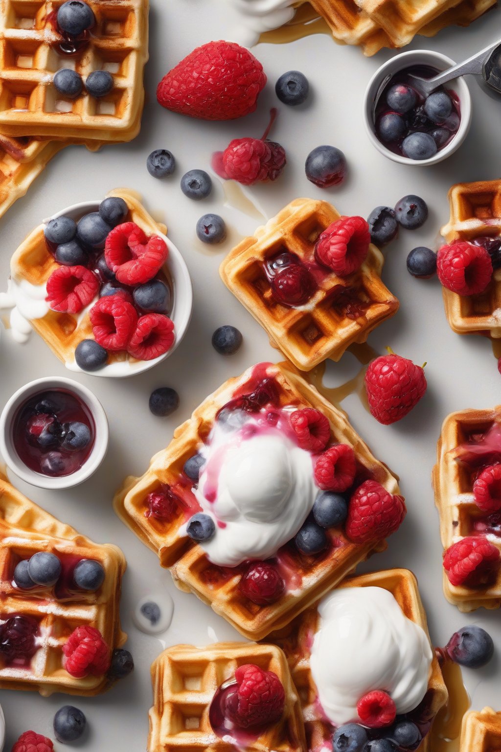 A high-resolution photo of vibrant berry-topped square Belgian waffles with yogurt dollops under soft lighting.