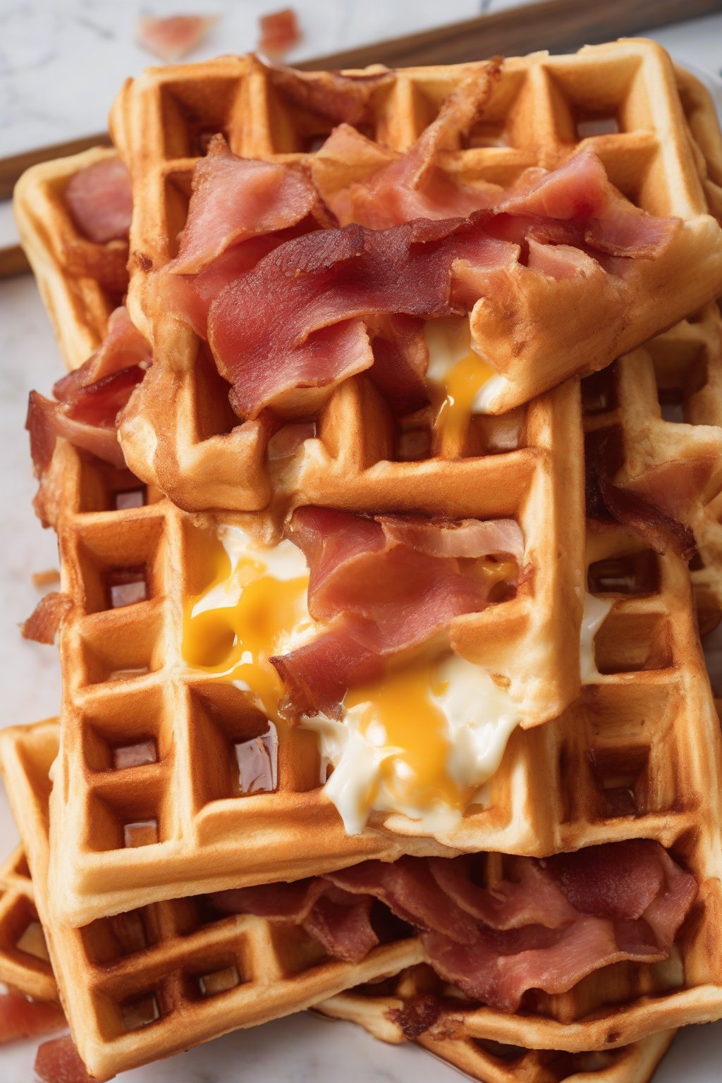 A high-resolution photo of cheesy bacon square Belgian waffles cut open to show fillings under soft lighting.