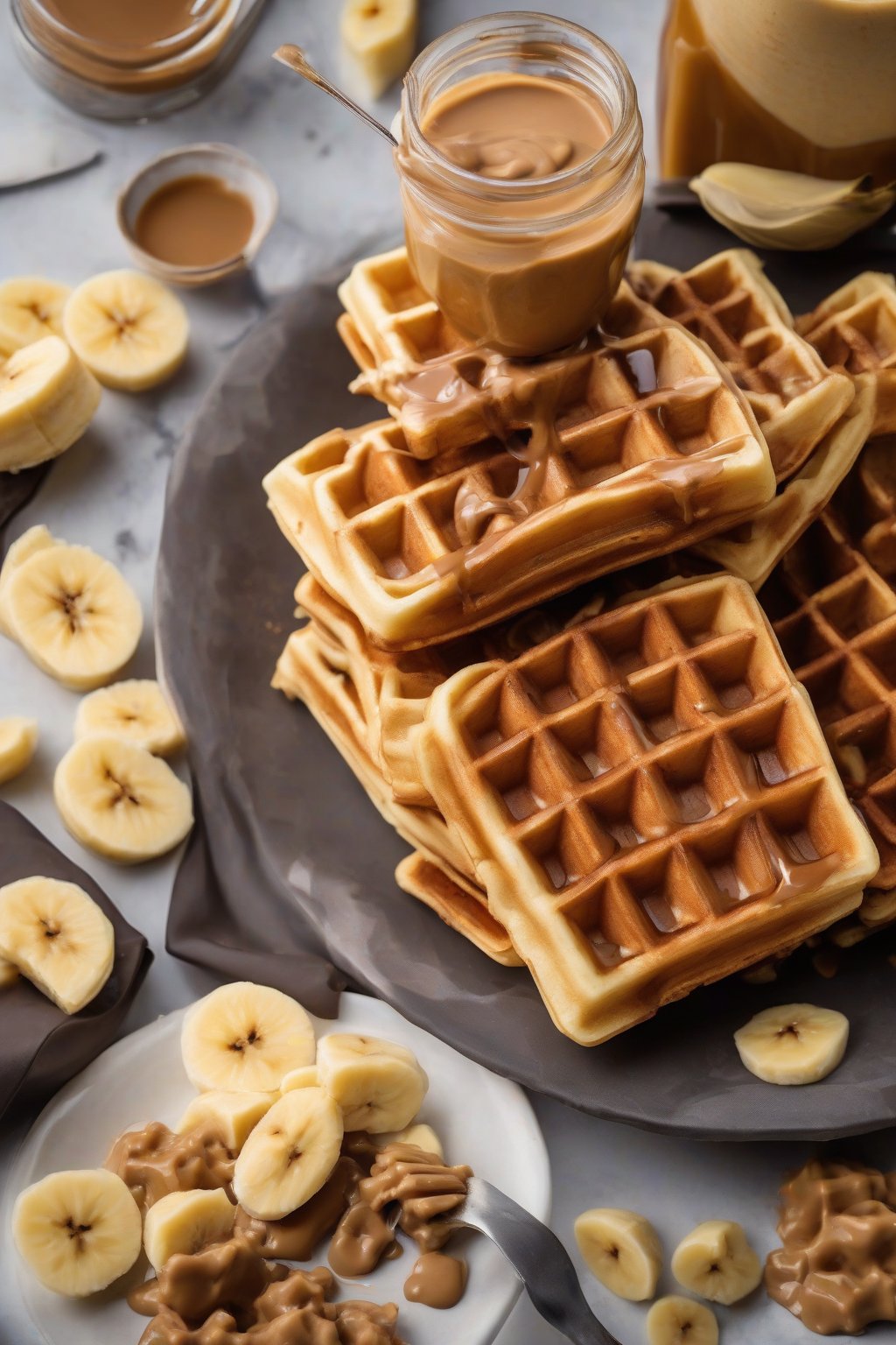 A high-resolution photo of banana-peanut butter square Belgian waffles sliced with banana wheels on top under soft lighting.