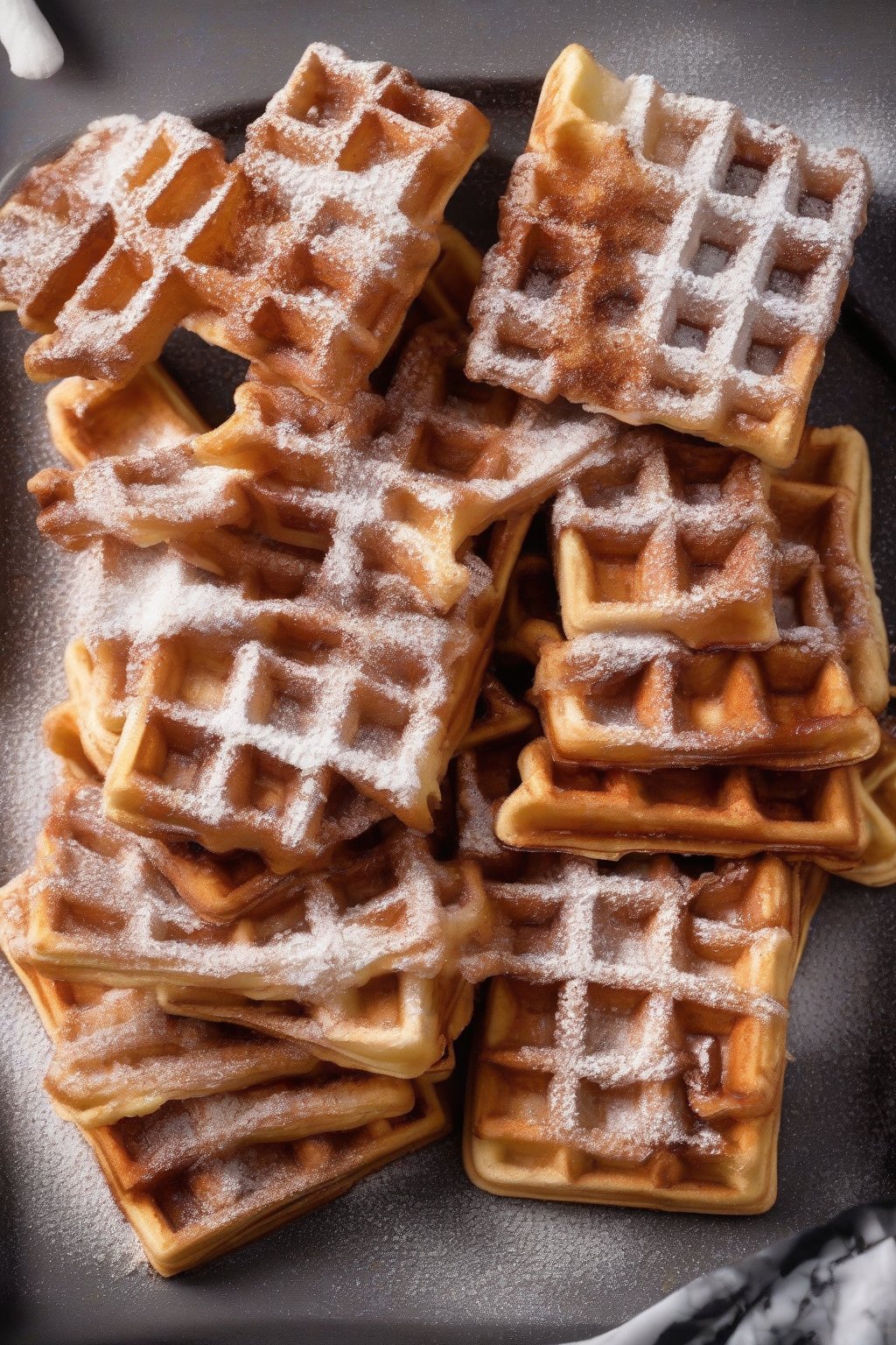 A high-resolution photo of apple-cinnamon square Belgian waffles dusted with powdered sugar under soft lighting.