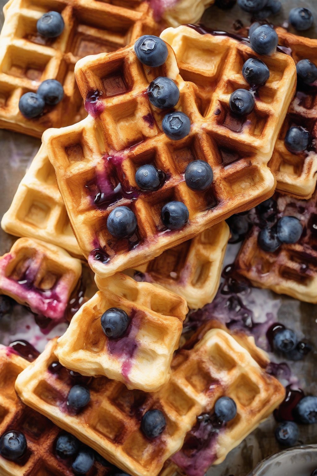 A high-resolution photo of lemon-glazed blueberry square Belgian waffles under soft lighting.