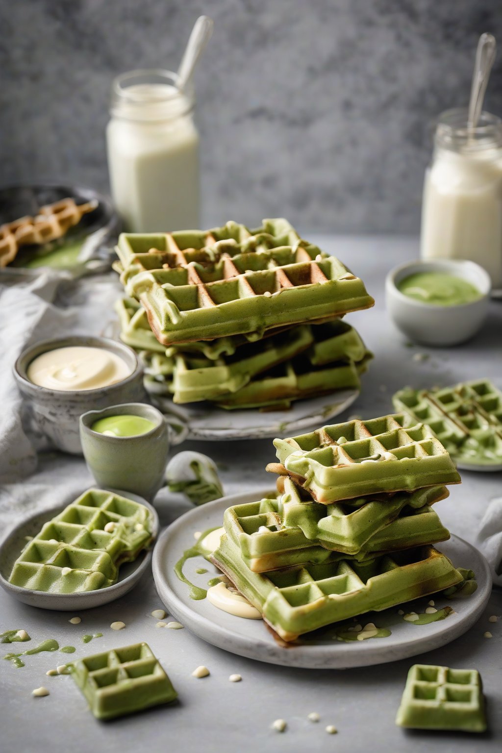 A high-resolution photo of green matcha square Belgian waffles with white chocolate drizzle under soft lighting.