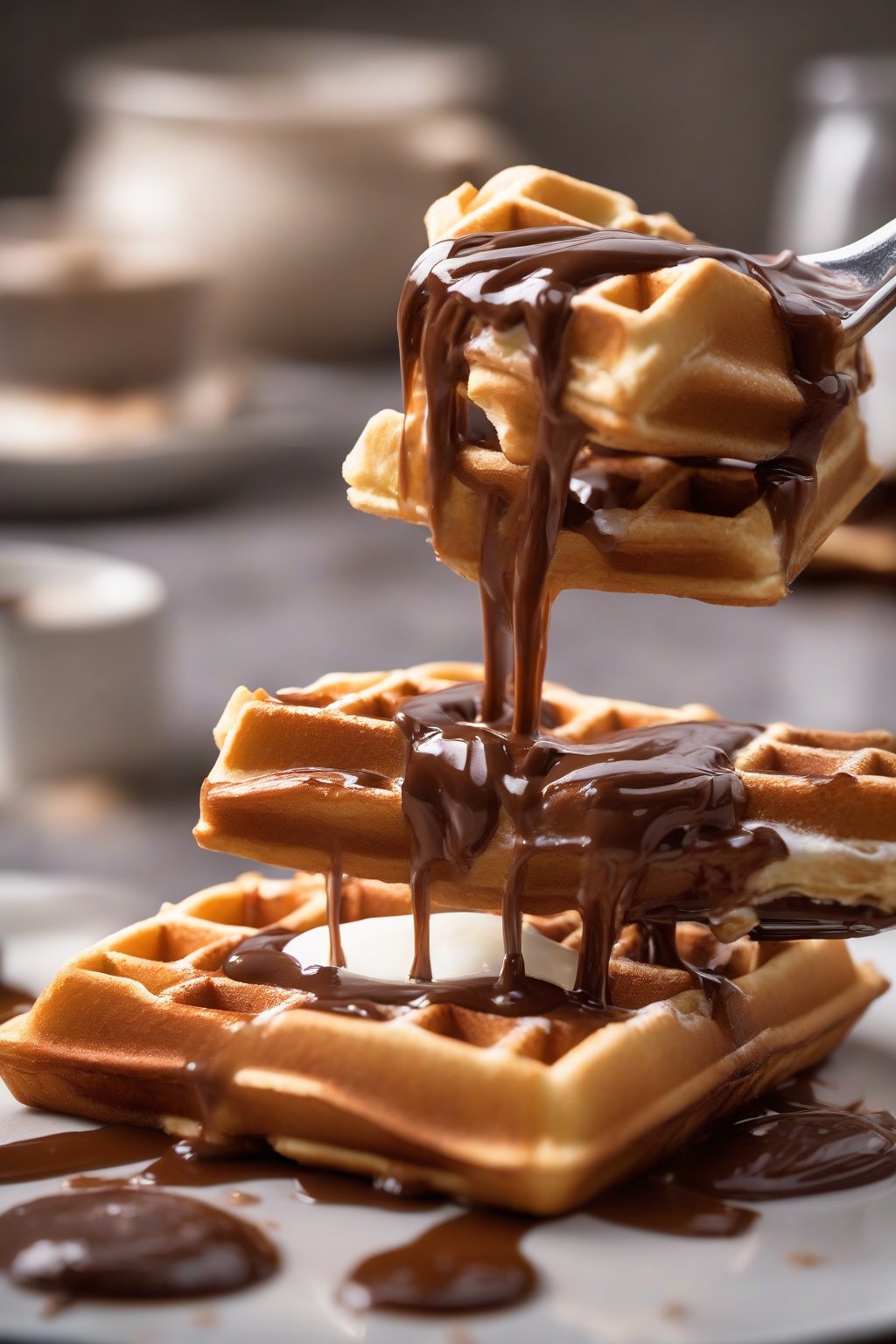 A high-resolution photo of Nutella oozing from a split square Belgian waffle under soft lighting.