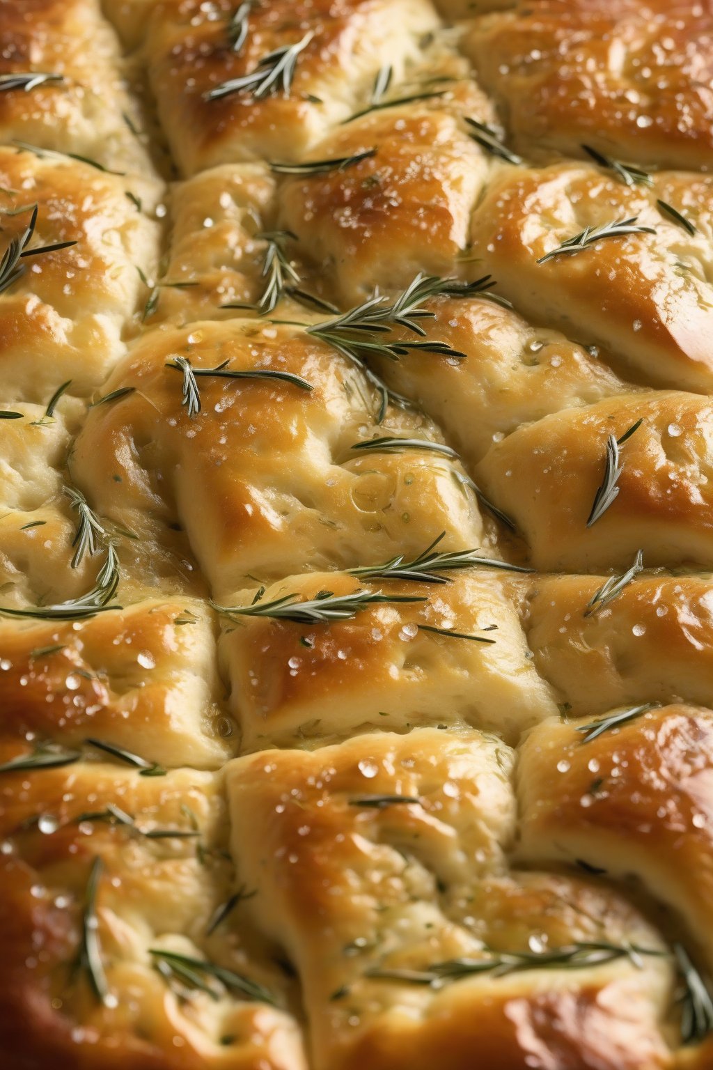 A high-resolution close-up photo of golden bubbly sourdough focaccia topped with rosemary and sea salt, dimples glistening with olive oil under soft lighting.