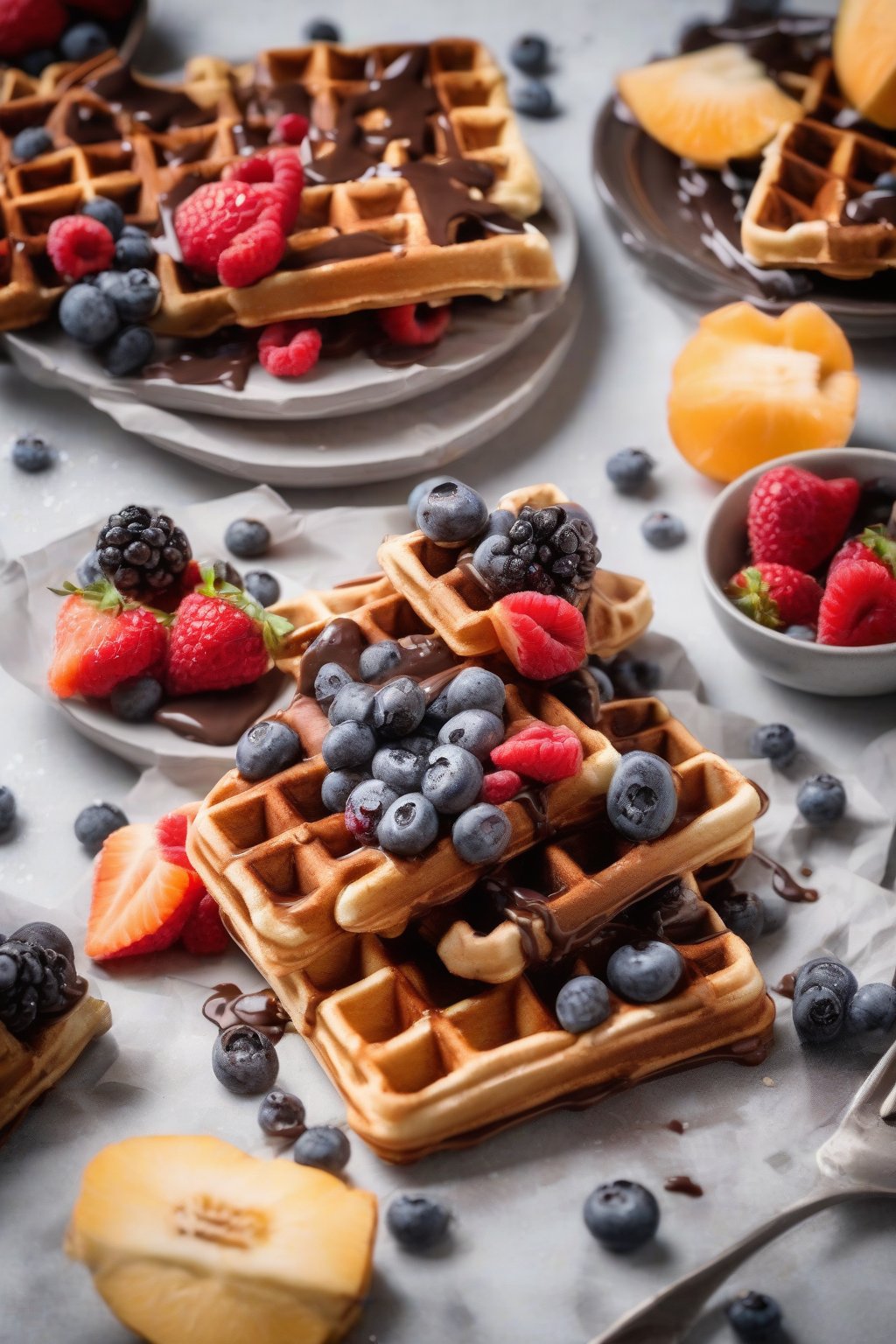 A high-resolution photo of vegan chocolate chunk square Belgian waffles with fruit under soft lighting.