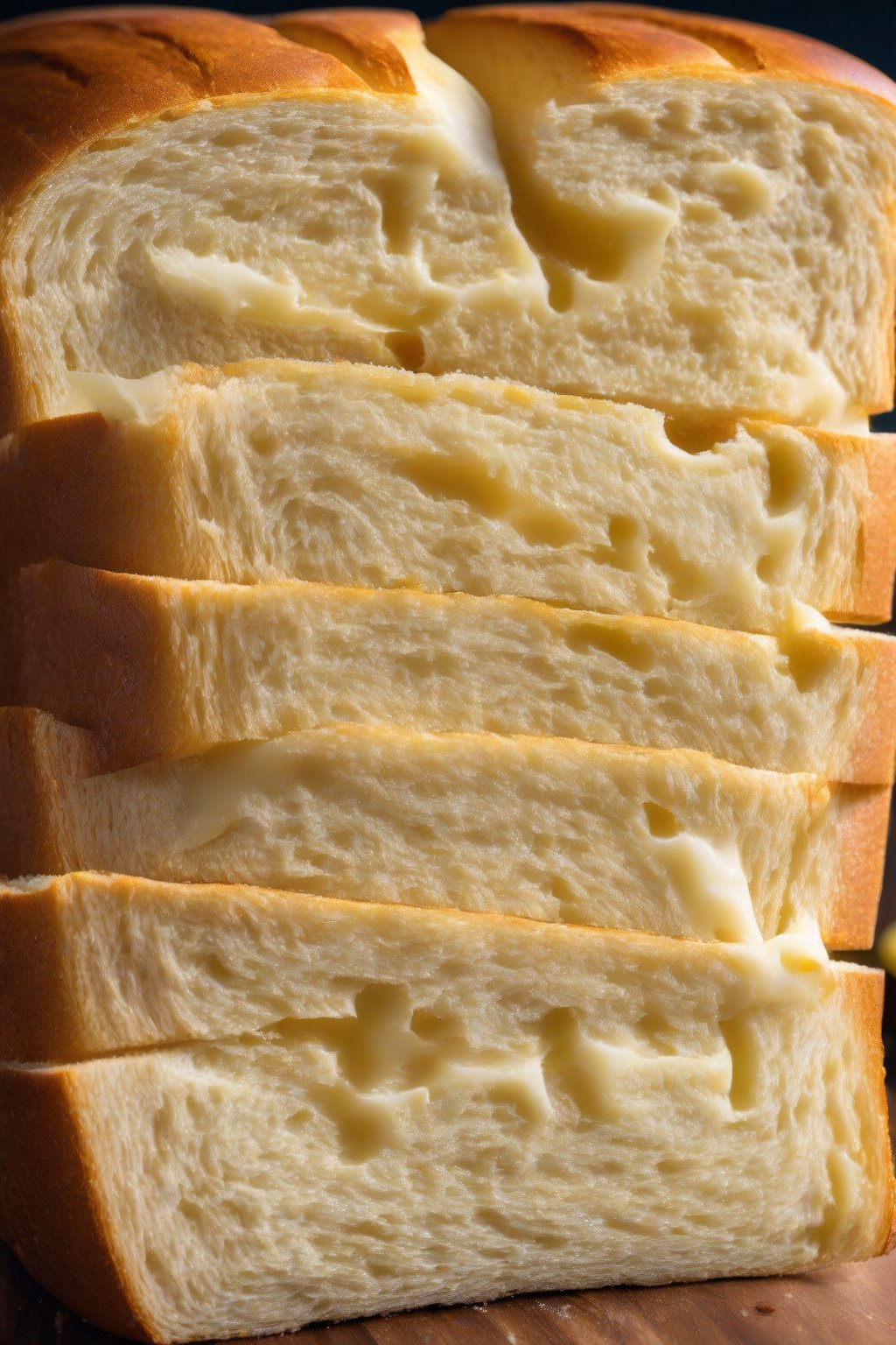 A high-resolution photo of a sliced loaf of golden milk-enriched sandwich bread revealing fluffy white interior, on a wooden board under soft lighting.