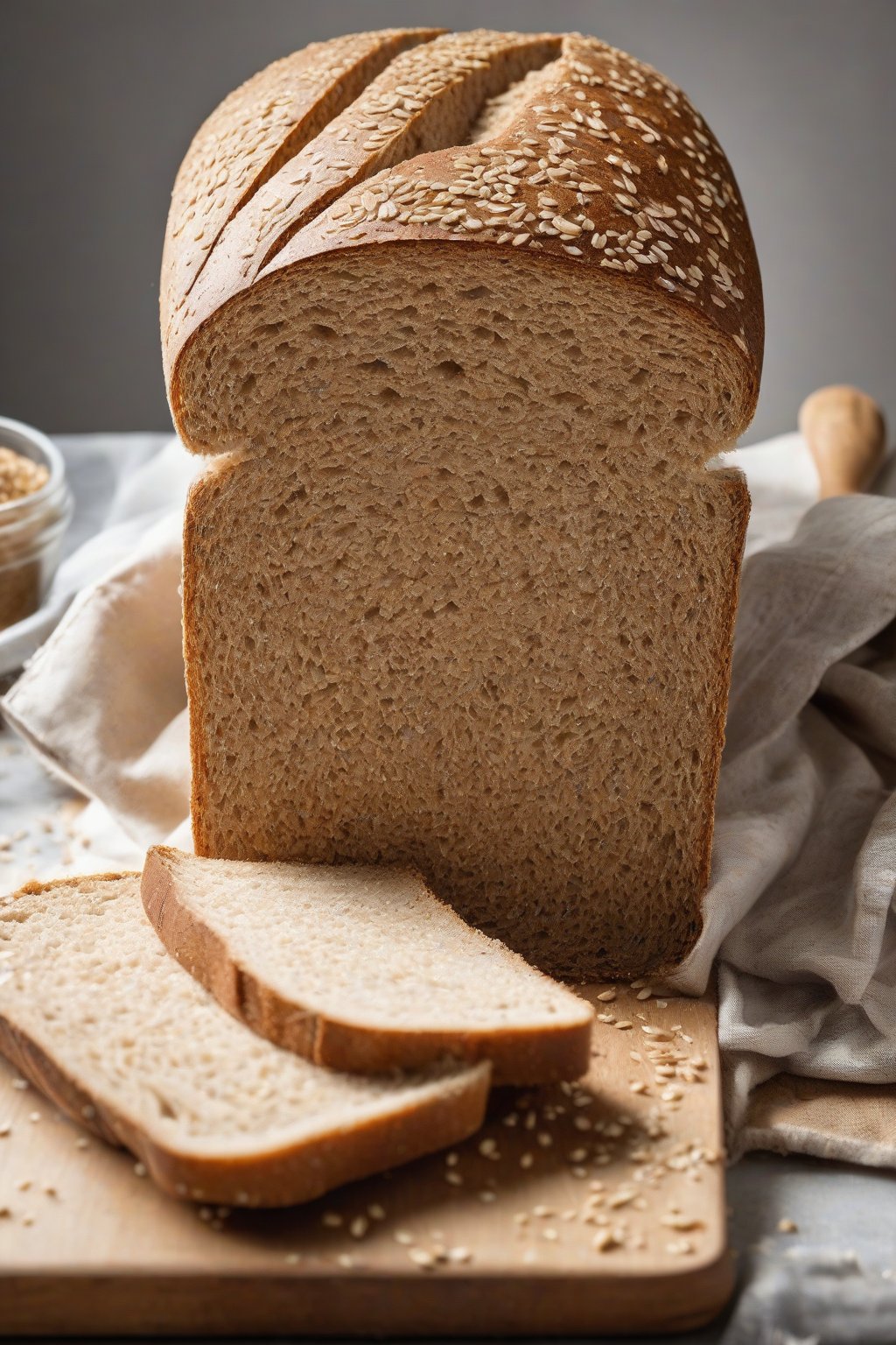 A high-resolution photo of a loaf of whole wheat sandwich bread sliced open to show soft, moist crumb flecked with grains, under soft lighting.