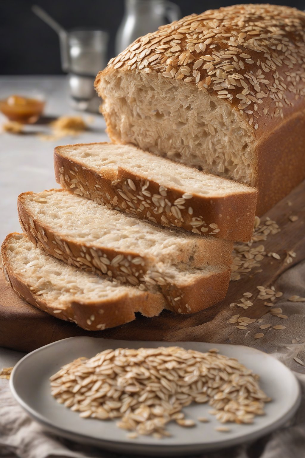 A high-resolution photo of honey oat sandwich bread loaf with oats studded on the crust, interior slices showing tender texture, under soft lighting.