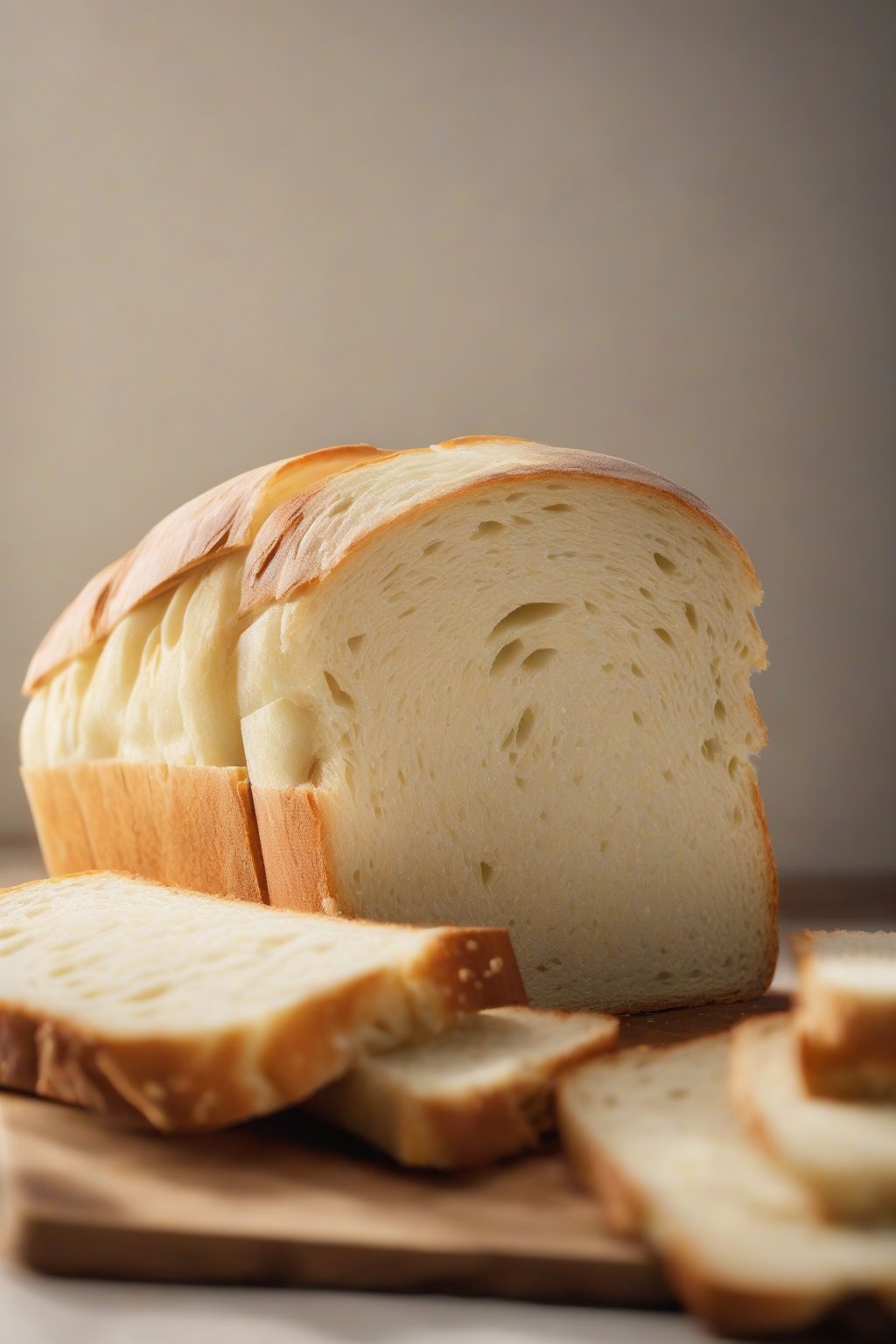 A high-resolution photo of ultra-soft potato flake sandwich bread sliced to display airy, moist interior, steam rising slightly, under soft lighting.