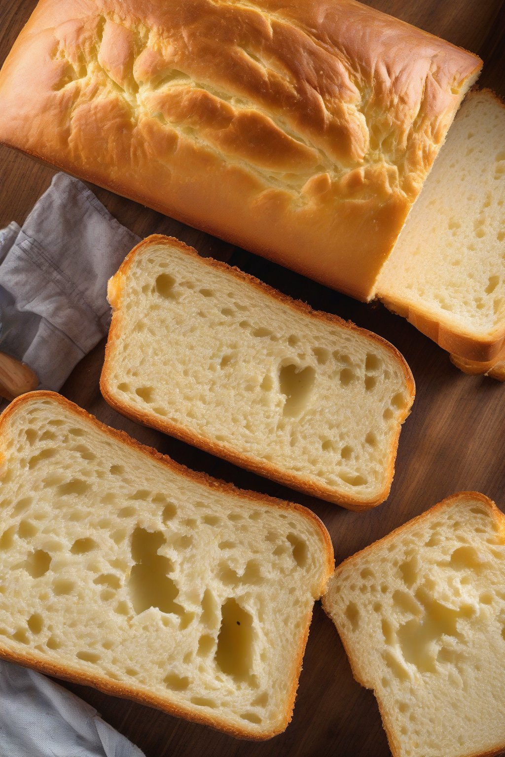 A high-resolution photo of brioche-style sandwich bread loaf with shiny golden crust, cross-section showing buttery soft crumb, under soft lighting.